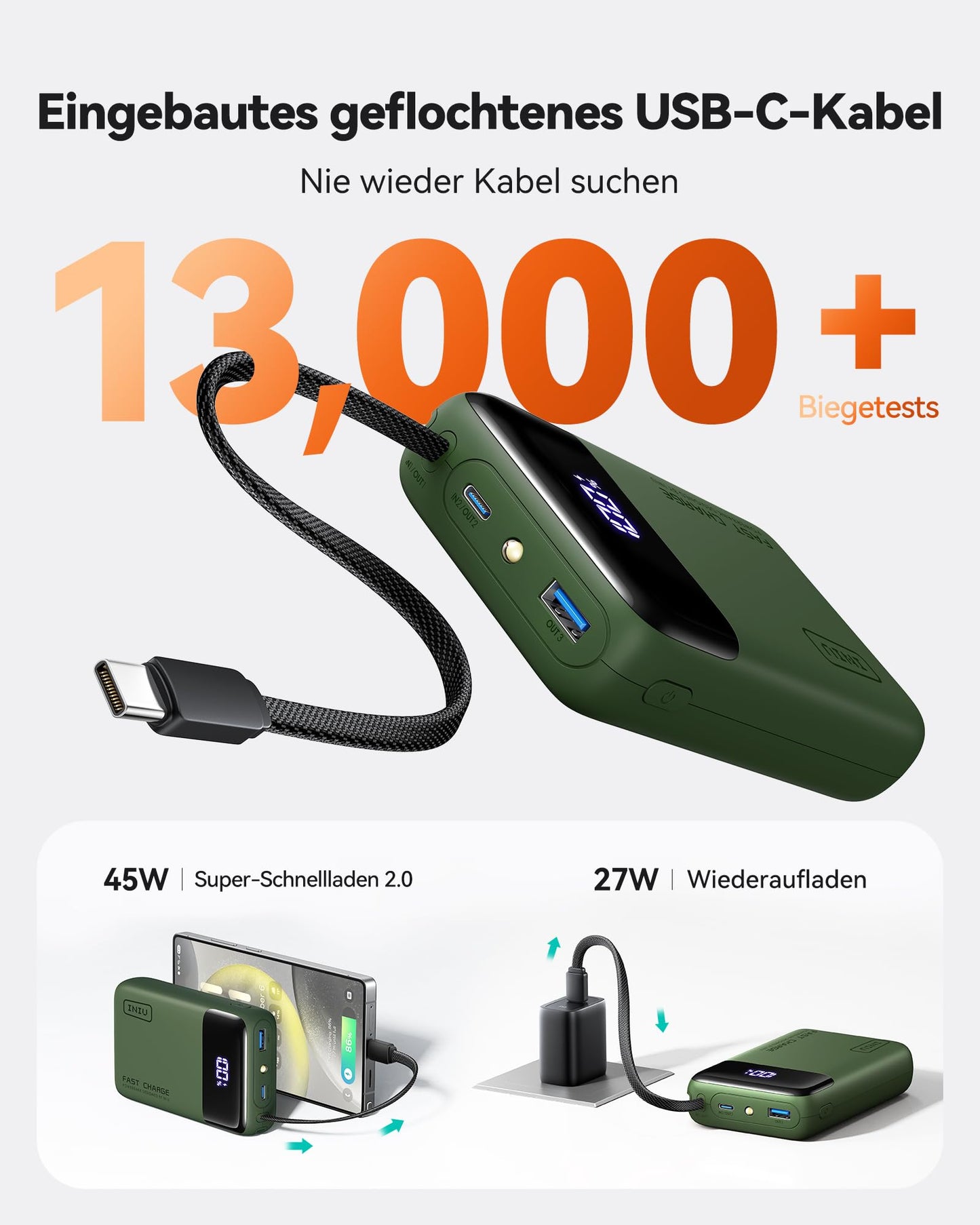 INIU 45W Power Bank, Ultra Klein 20000mAh Powerbank iPhone mit Integriertem USB-C Kabel, Schnellladen Externe Handyakkus Mini, Klein Aber Stark für iPhone 17 16 15 Pro, Samsung S22, Xiaomi, iPad etc
