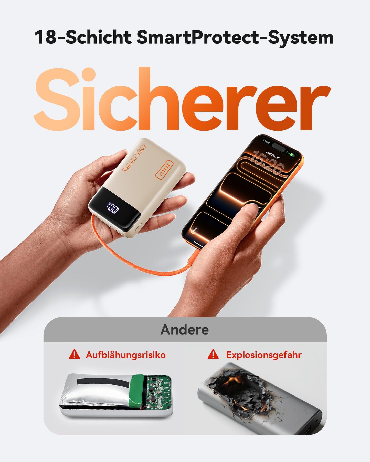 INIU 45W Power Bank, Ultra Klein 20000mAh Powerbank iPhone mit Integriertem USB-C Kabel, Schnellladen Externe Handyakkus Mini, Klein Aber Stark für iPhone 17 16 15 Pro, Samsung S22, Xiaomi, iPad etc