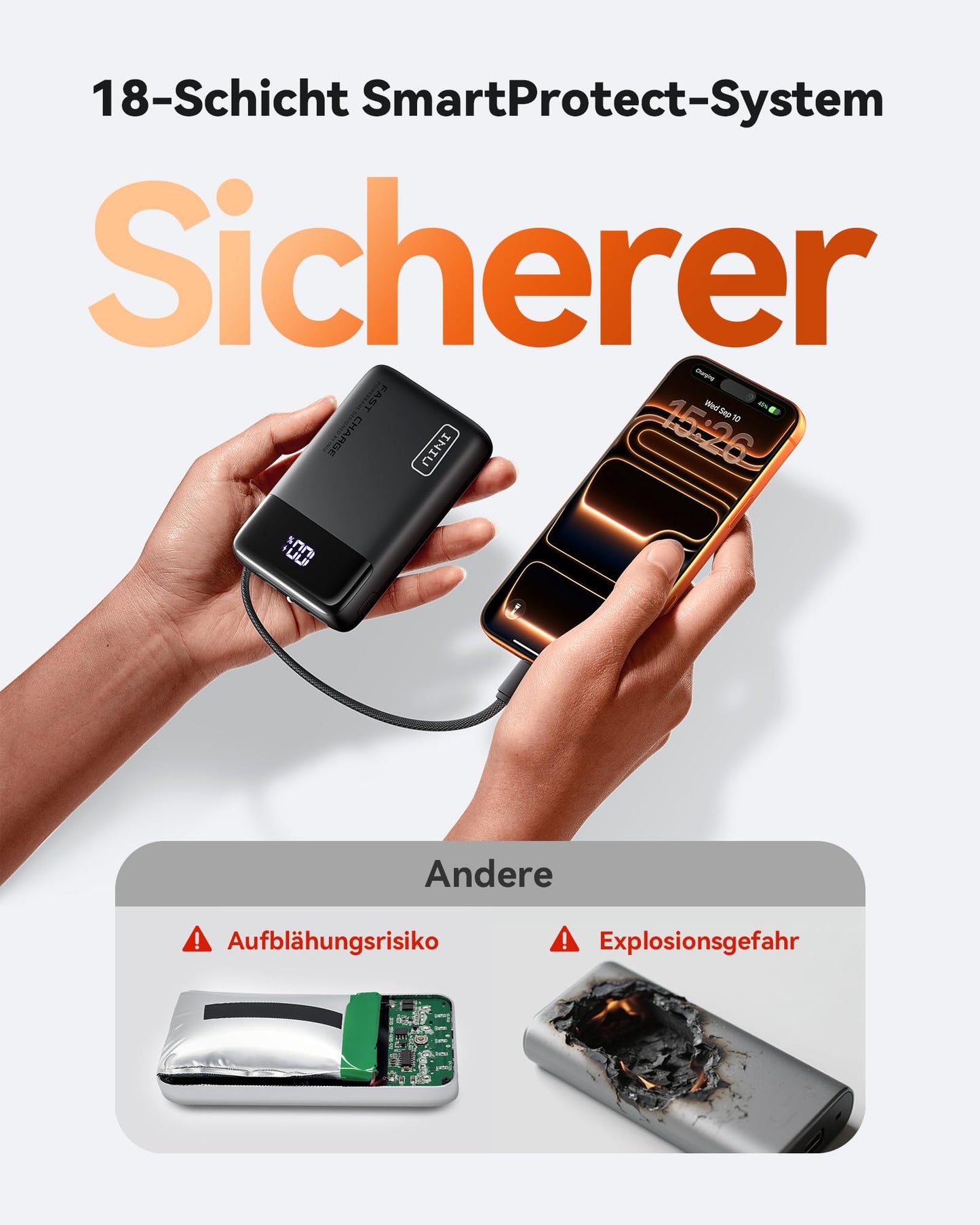 INIU 45W Power Bank, Ultra Klein 20000mAh Powerbank iPhone mit Integriertem USB-C Kabel, Schnellladen Externe Handyakkus Mini, Klein Aber Stark für iPhone 17 16 15 Pro, Samsung S22, Xiaomi, iPad etc