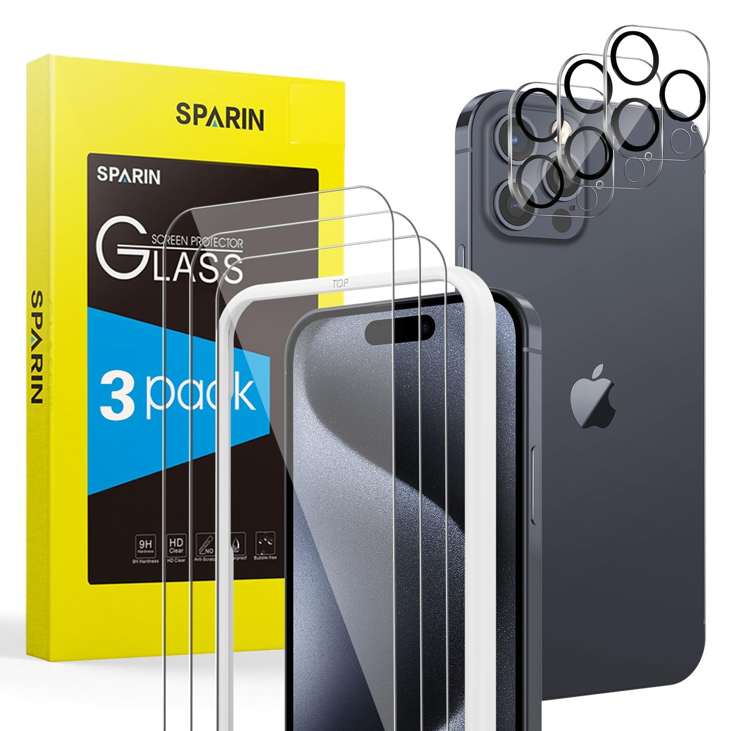 SPARIN für iPhone 17 Pro 6.3 Zoll 2025 Panzer Schutz Glas, 3 Stück Schutzfolie und 3 Stück Kameraschutz mit Montage Rahmen, 9H Härte, Anti-Bläschen,HD-Klar