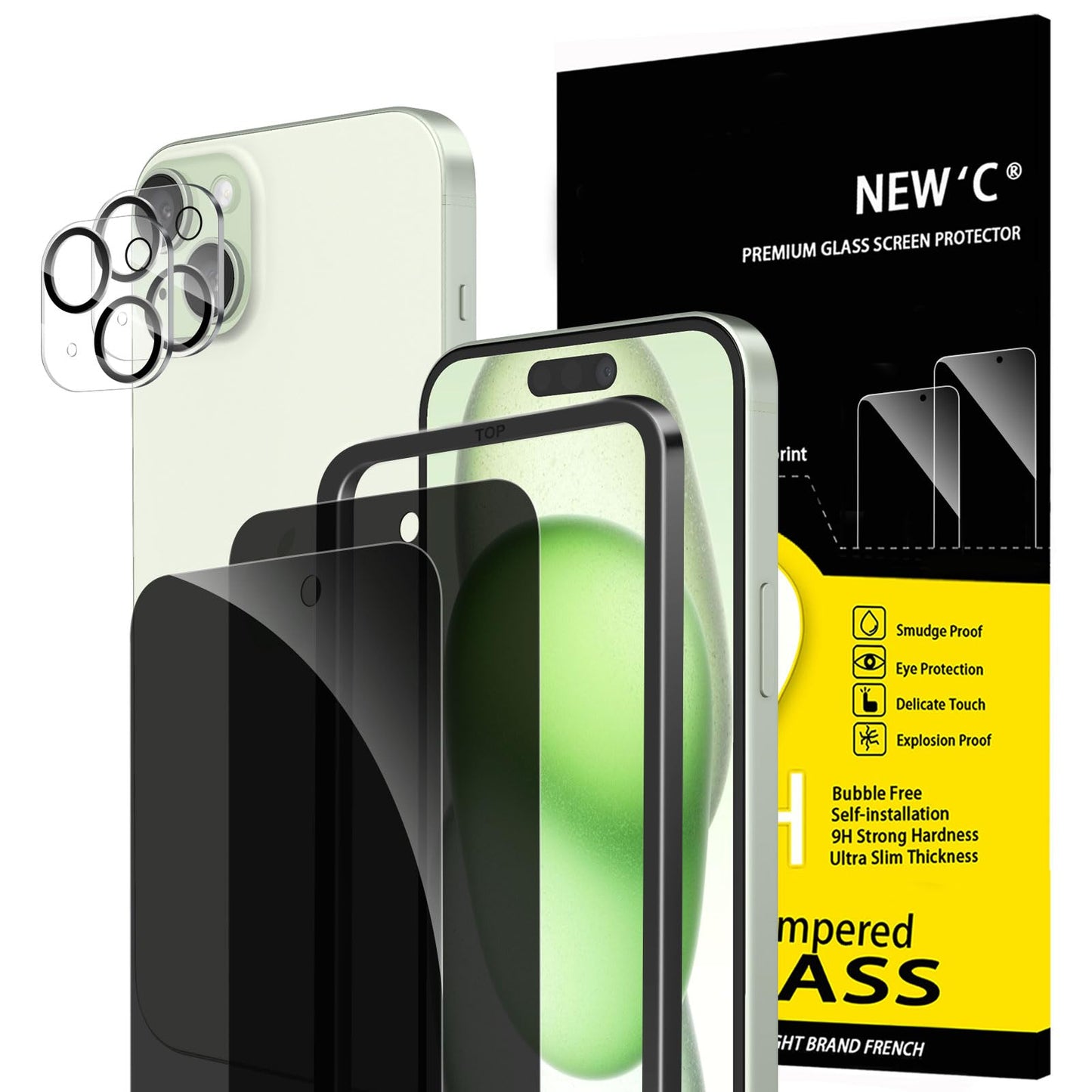 NEW'C für iPhone 16 für Panzerglas 6,1 Zoll (2 Stück) und 2 x Kamera Panzer Schutz für Kameraschutz (2 Stück) -Kratzfest -extrem widerstandsfähig -9H-Härteglas