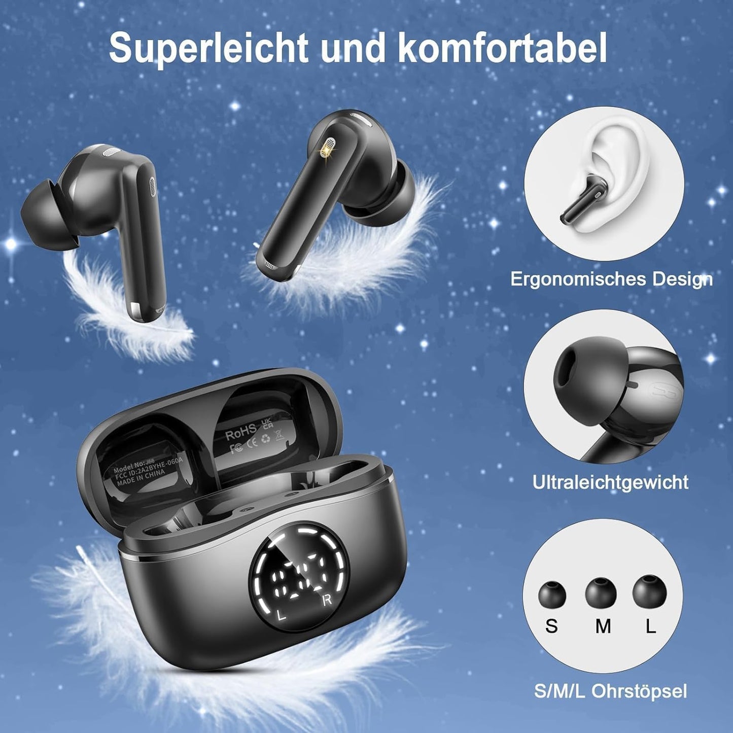 Bluetooth Kopfhörer, 2026 Kopfhörer Kabellos Bluetooth 5.4, 50 Std Spielzeit In Ear Kopfhörer HiFi Stereo mit 4 ENC Noise Cancelling Mics, IP7 Wasserdicht Kabellose Kopfhörer, Ohrhörer mit LED-Anzeige