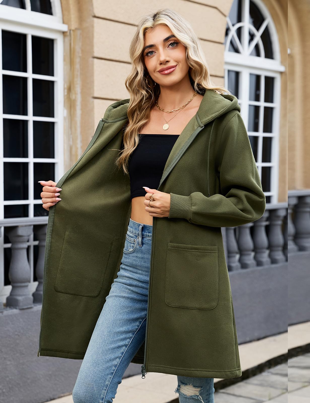 Vancavoo Fleecejacke Damen Sweatjacke mit Kapuze Lange Kapuzenpullover Reißverschluss Hoodie Jacke Frühling Herbst Lang Kapuzenjacke Elegant Übergangsjacke mit Taschen