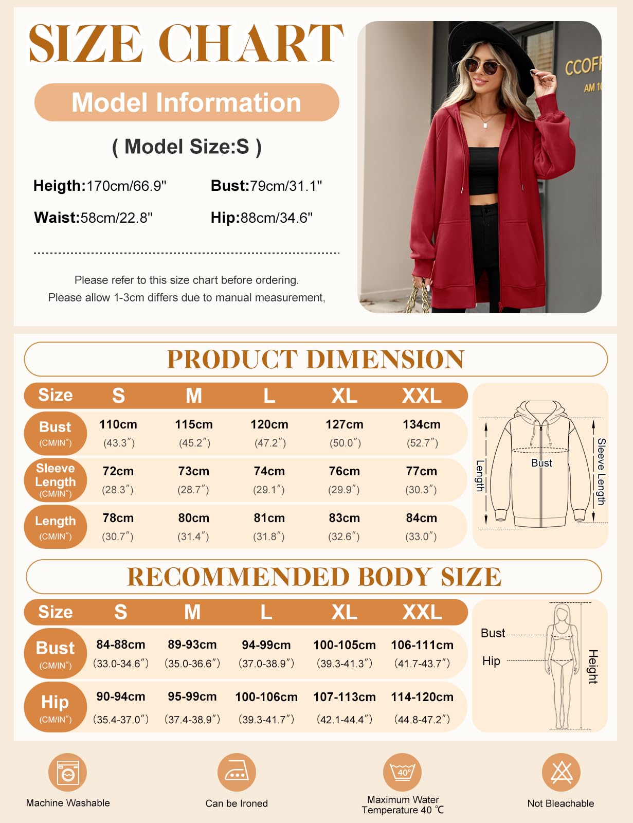 CMTOP Kapuzenpullover Damen Lang Dünne Fleece Hoodie Classics Freizeit Sweatshirt Basic Casual Sweatjacke Einfarbig Kapuzenjacke Streetwear Hoody mit Kapuze Reißverschluss Taschen