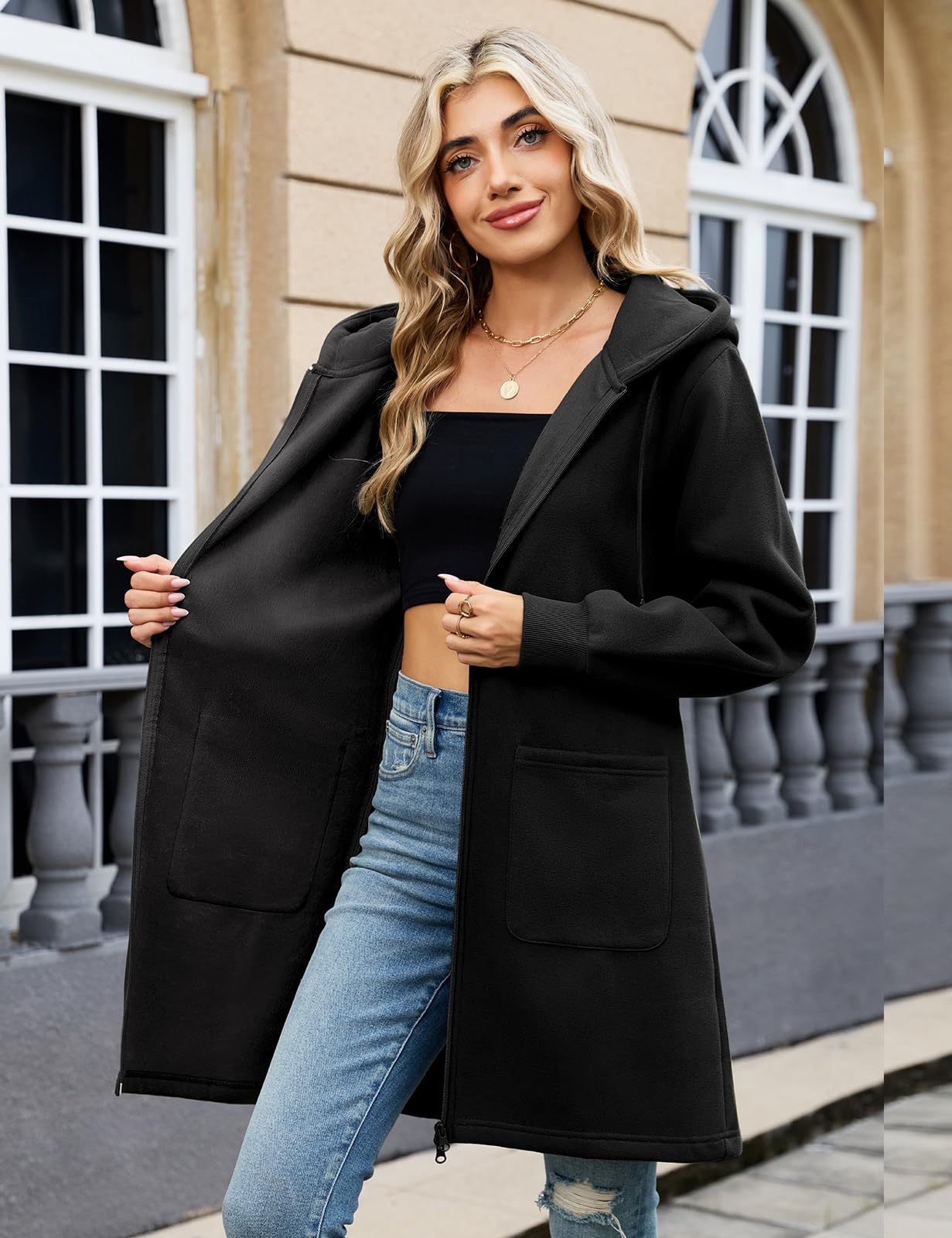 Vancavoo Fleecejacke Damen Sweatjacke mit Kapuze Lange Kapuzenpullover Reißverschluss Hoodie Jacke Frühling Herbst Lang Kapuzenjacke Elegant Übergangsjacke mit Taschen