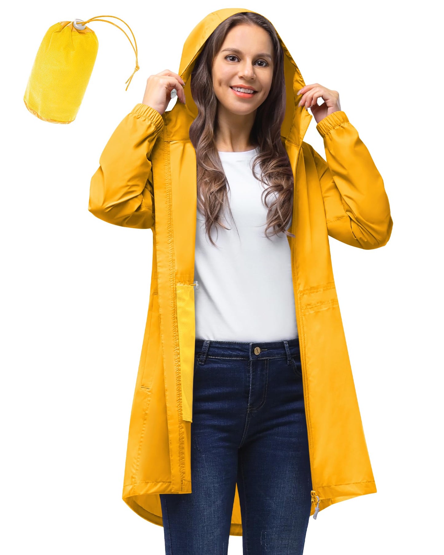 33,000ft Damen Dünne Wasserdichte Faltbar Regenmantel Regenjacke mit Kapuze, Leicht Atmungsaktive Travel Regenponcho, Lange Windbreaker Jacke für Frauen