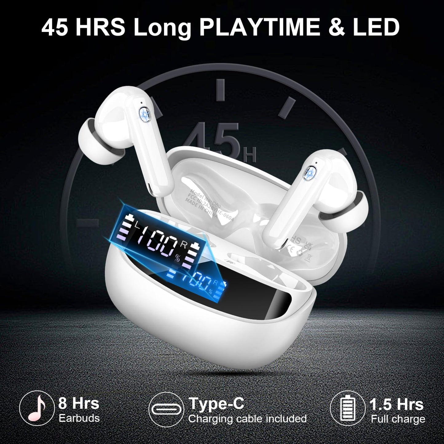 Bluetooth Kopfhörer, 2026 Kopfhörer Kabellos Bluetooth 5.4, 50 Std Spielzeit In Ear Kopfhörer HiFi Stereo mit 4 ENC Noise Cancelling Mics, IP7 Wasserdicht Kabellose Kopfhörer, Ohrhörer mit LED-Anzeige