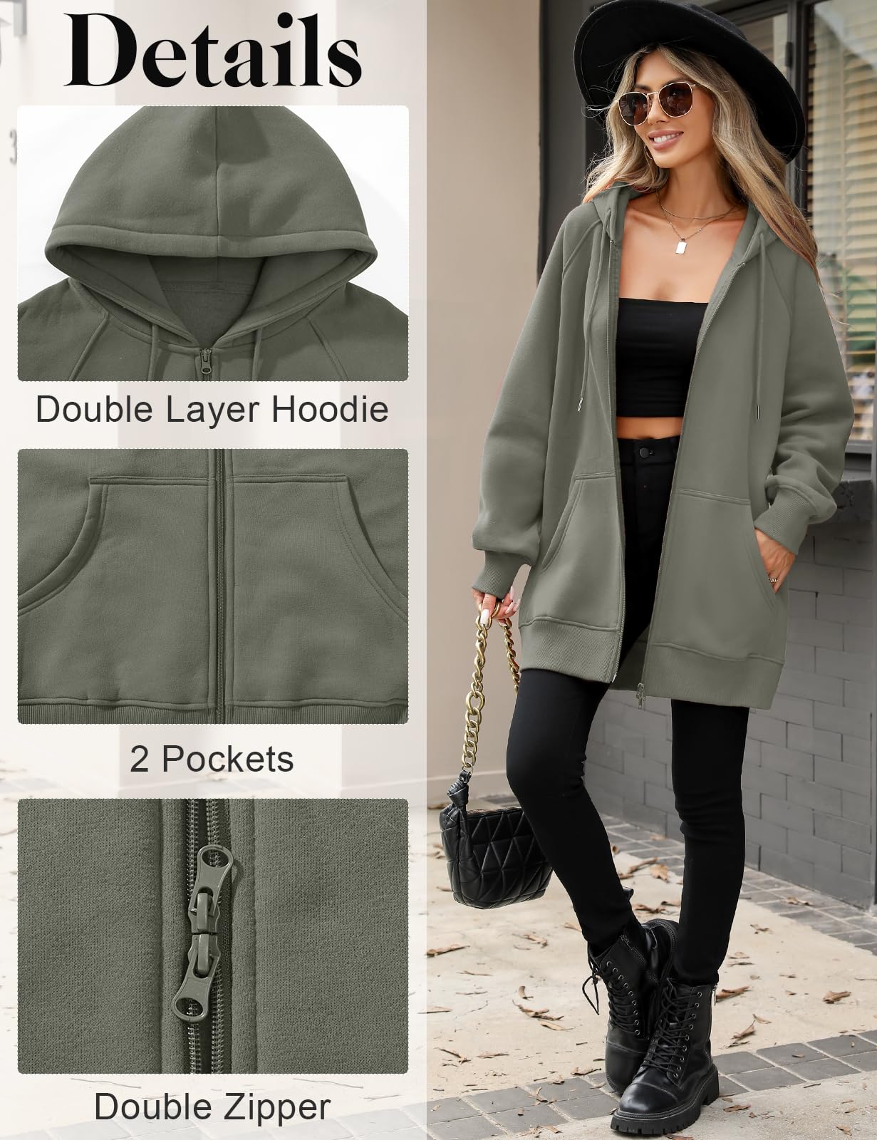 CMTOP Kapuzenpullover Damen Lang Dünne Fleece Hoodie Classics Freizeit Sweatshirt Basic Casual Sweatjacke Einfarbig Kapuzenjacke Streetwear Hoody mit Kapuze Reißverschluss Taschen