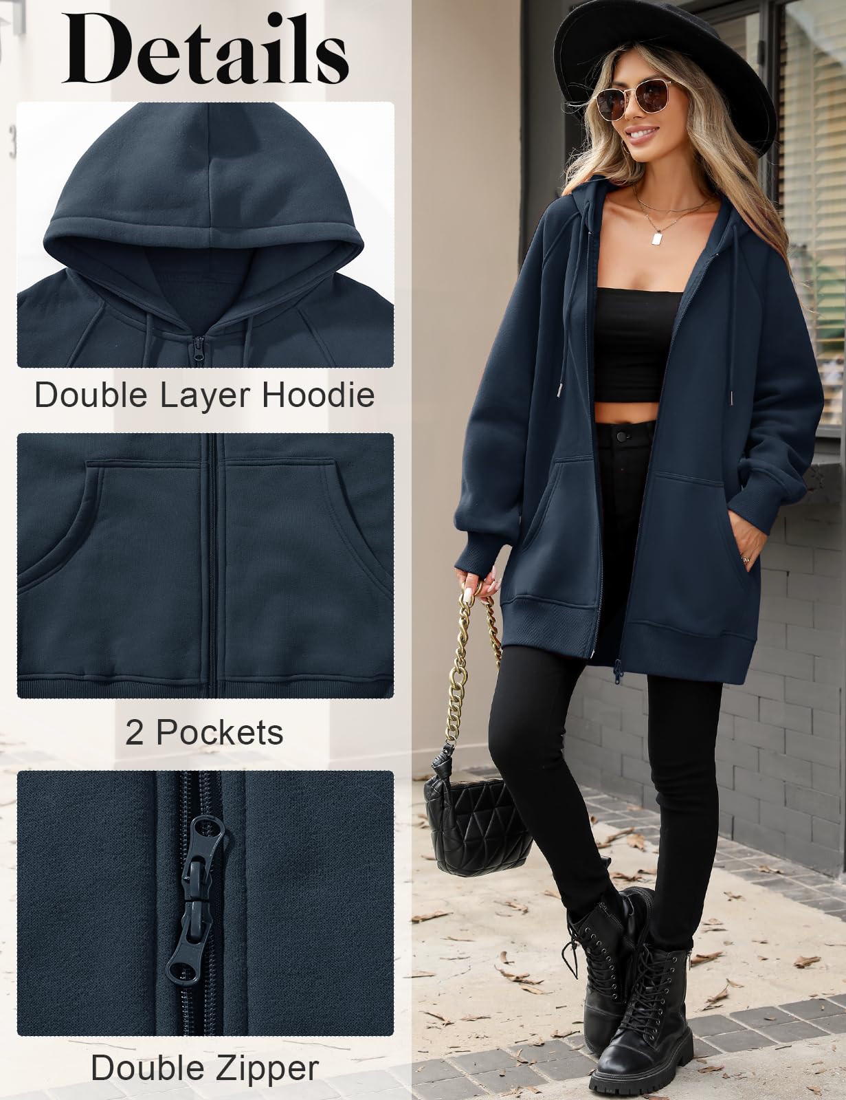 CMTOP Kapuzenpullover Damen Lang Dünne Fleece Hoodie Classics Freizeit Sweatshirt Basic Casual Sweatjacke Einfarbig Kapuzenjacke Streetwear Hoody mit Kapuze Reißverschluss Taschen