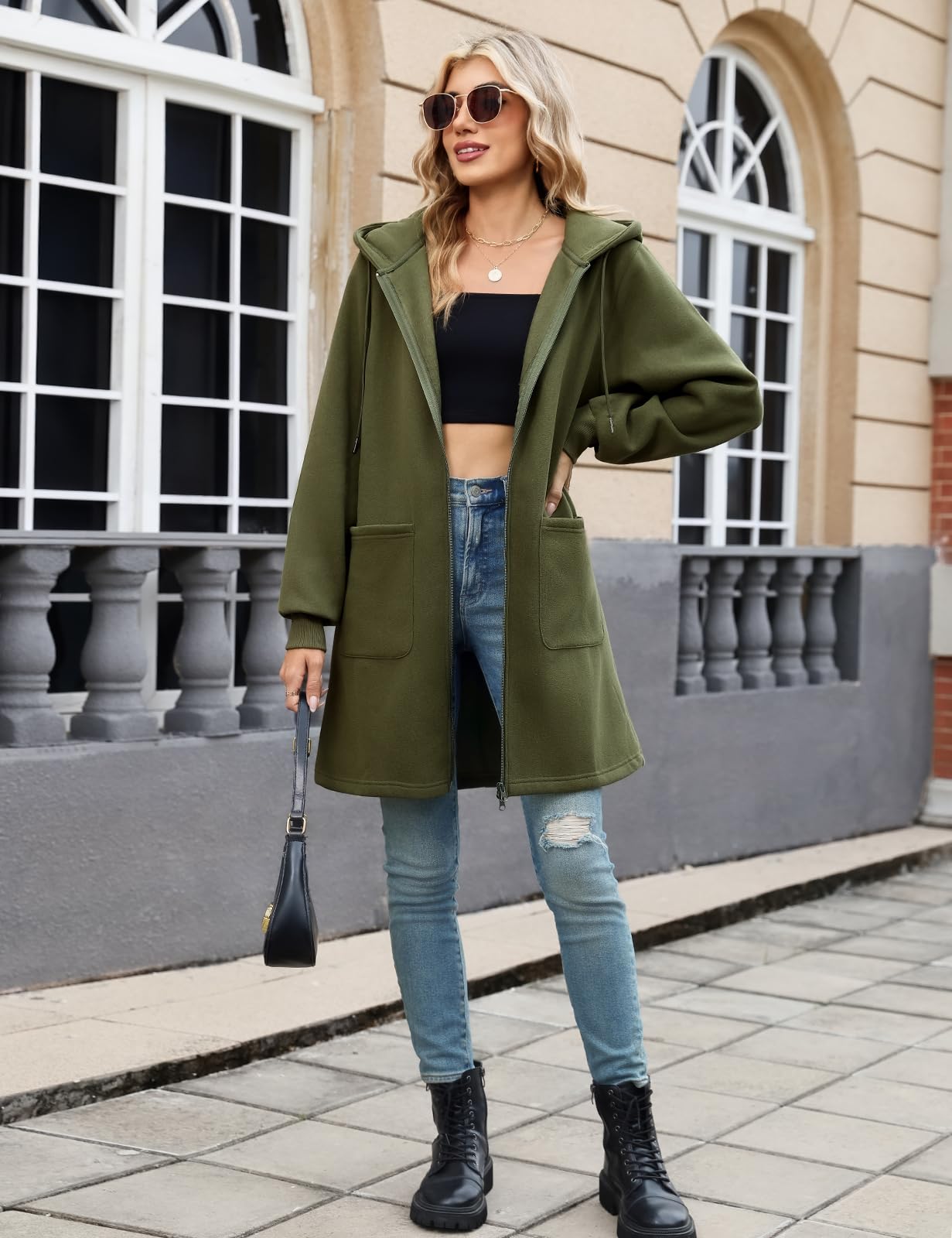 Vancavoo Fleecejacke Damen Sweatjacke mit Kapuze Lange Kapuzenpullover Reißverschluss Hoodie Jacke Frühling Herbst Lang Kapuzenjacke Elegant Übergangsjacke mit Taschen