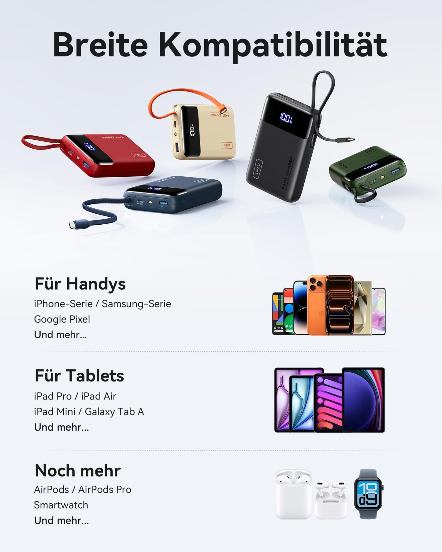 INIU 45W Power Bank, Ultra Klein 20000mAh Powerbank iPhone mit Integriertem USB-C Kabel, Schnellladen Externe Handyakkus Mini, Klein Aber Stark für iPhone 17 16 15 Pro, Samsung S22, Xiaomi, iPad etc