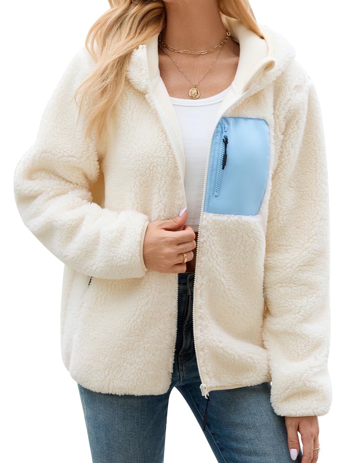 Tuopuda Teddyfell Jacke Damen Herbstjacke Fleecejacke Warme Fleecemantel Damen Kapuzenpullover Zipper Hoodie Plüschjacke mit Taschen