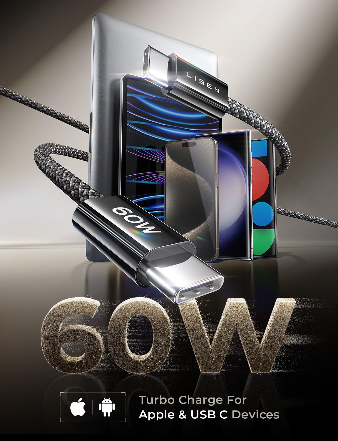 LISEN 60W USB C Kabel, [4er Pack, 0,5M 1M 1M 2M] USB C auf USB C Kabel Set, PD 3.0 Schnellladekabel USB C für iPhone 17 Pro Max Zubehör,iPhone 16 15,Switch,Samsung Galaxy S25,Pixel,MacBook,iPad,Xiaomi
