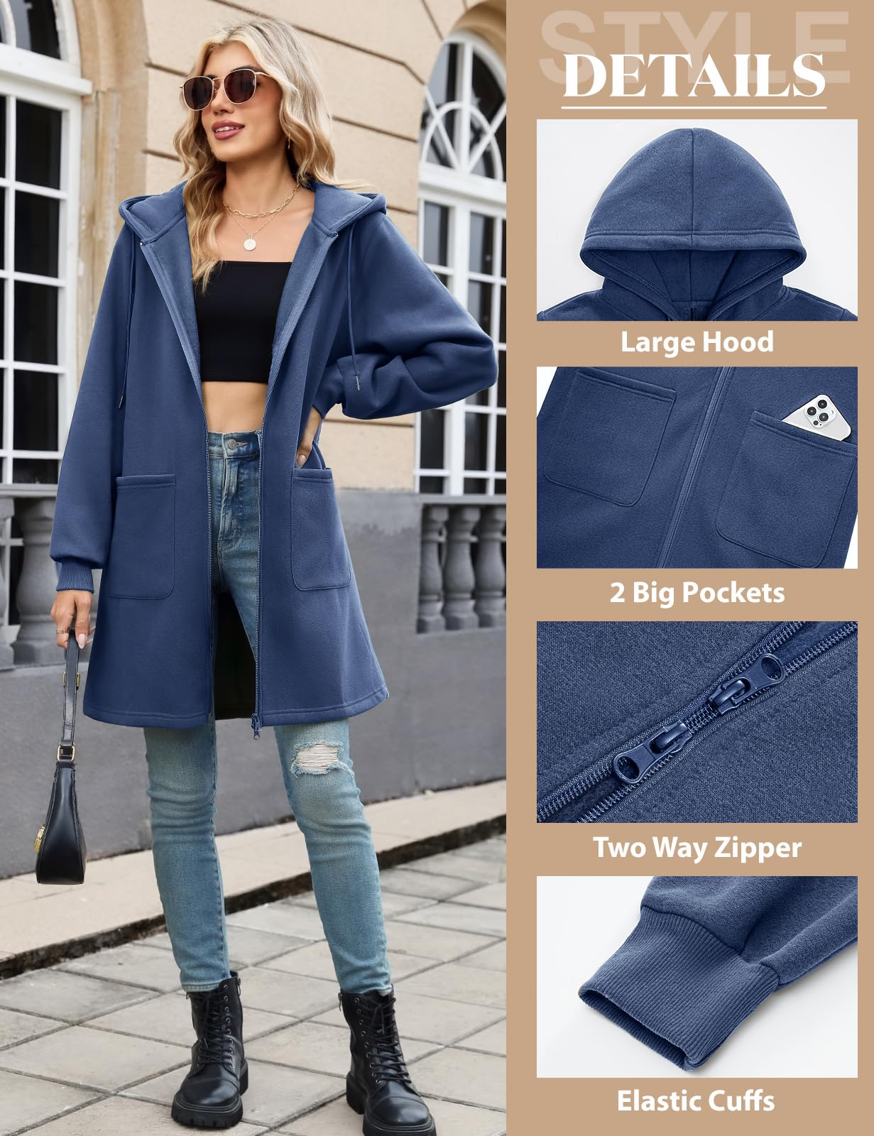 Vancavoo Fleecejacke Damen Sweatjacke mit Kapuze Lange Kapuzenpullover Reißverschluss Hoodie Jacke Frühling Herbst Lang Kapuzenjacke Elegant Übergangsjacke mit Taschen