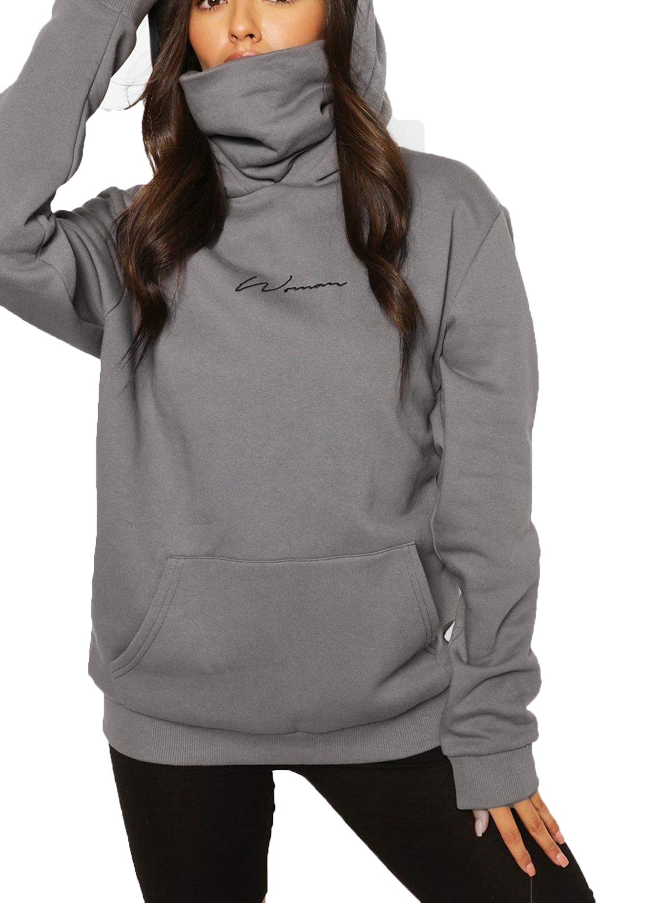 Damen Hoodie Kapuzenpullover Langarm Sweatshirt Winter Pullover Hochkragen Sweatjacke Kapuzen Pullis