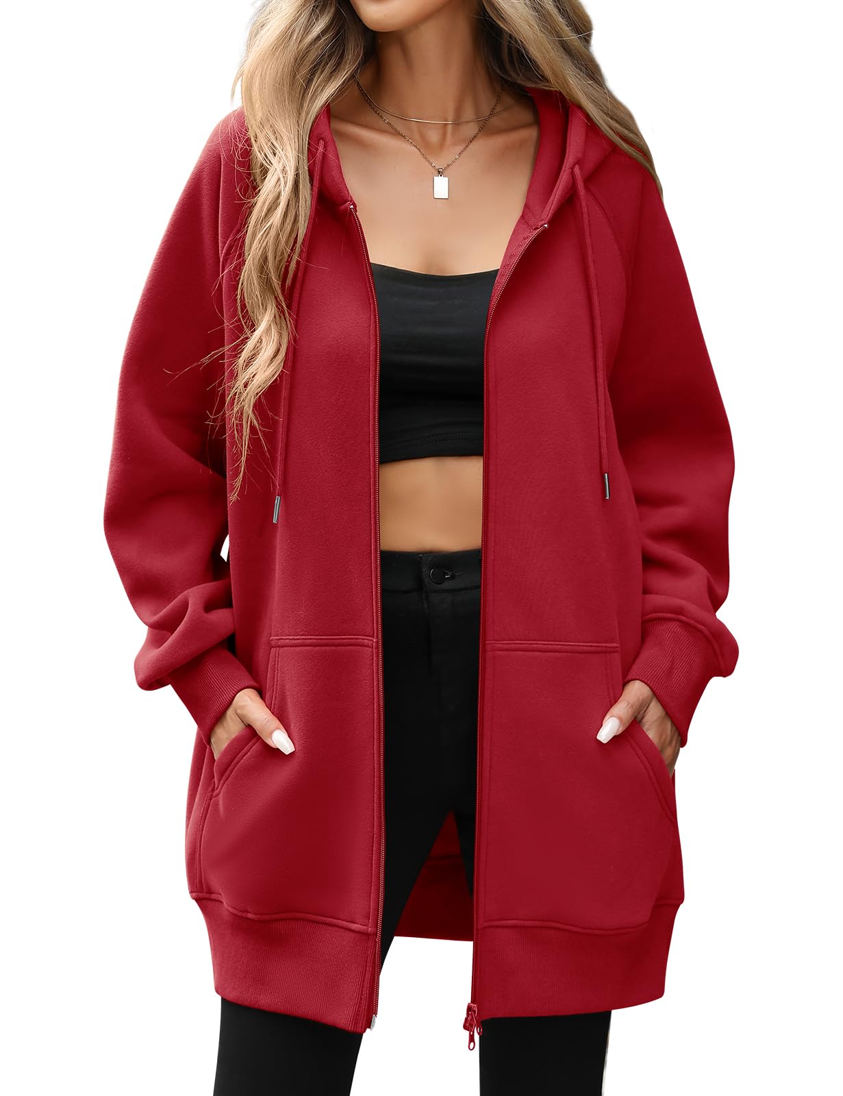 CMTOP Kapuzenpullover Damen Lang Dünne Fleece Hoodie Classics Freizeit Sweatshirt Basic Casual Sweatjacke Einfarbig Kapuzenjacke Streetwear Hoody mit Kapuze Reißverschluss Taschen