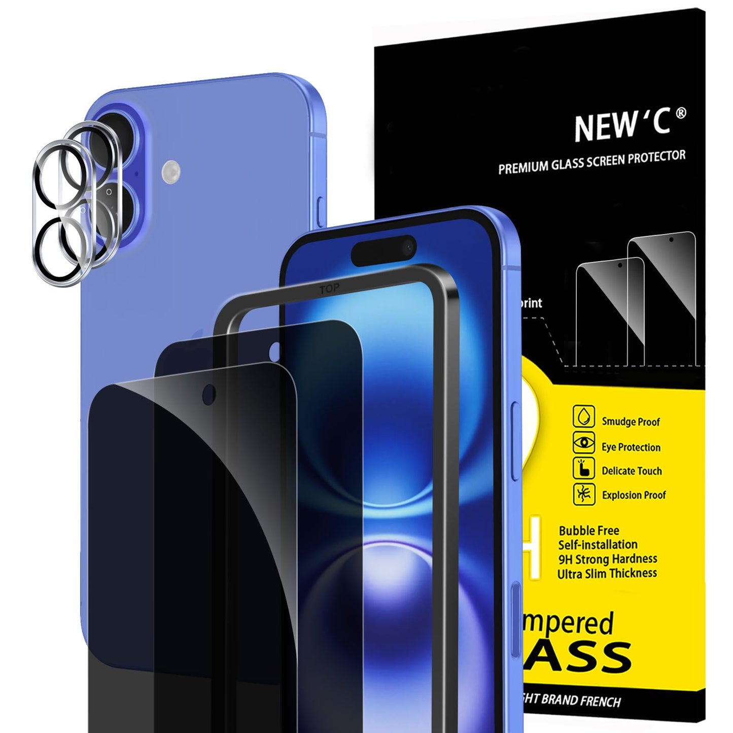 NEW'C für iPhone 16 für Panzerglas 6,1 Zoll (2 Stück) und 2 x Kamera Panzer Schutz für Kameraschutz (2 Stück) -Kratzfest -extrem widerstandsfähig -9H-Härteglas