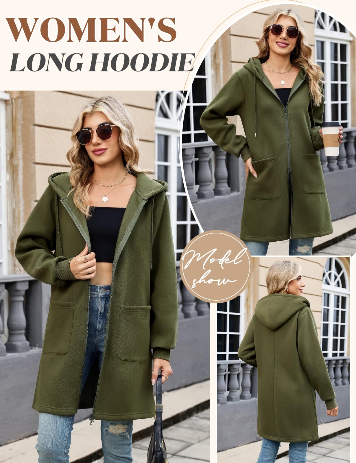 Vancavoo Fleecejacke Damen Sweatjacke mit Kapuze Lange Kapuzenpullover Reißverschluss Hoodie Jacke Frühling Herbst Lang Kapuzenjacke Elegant Übergangsjacke mit Taschen