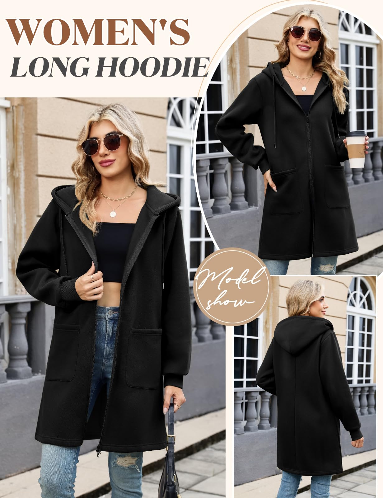 Vancavoo Fleecejacke Damen Sweatjacke mit Kapuze Lange Kapuzenpullover Reißverschluss Hoodie Jacke Frühling Herbst Lang Kapuzenjacke Elegant Übergangsjacke mit Taschen