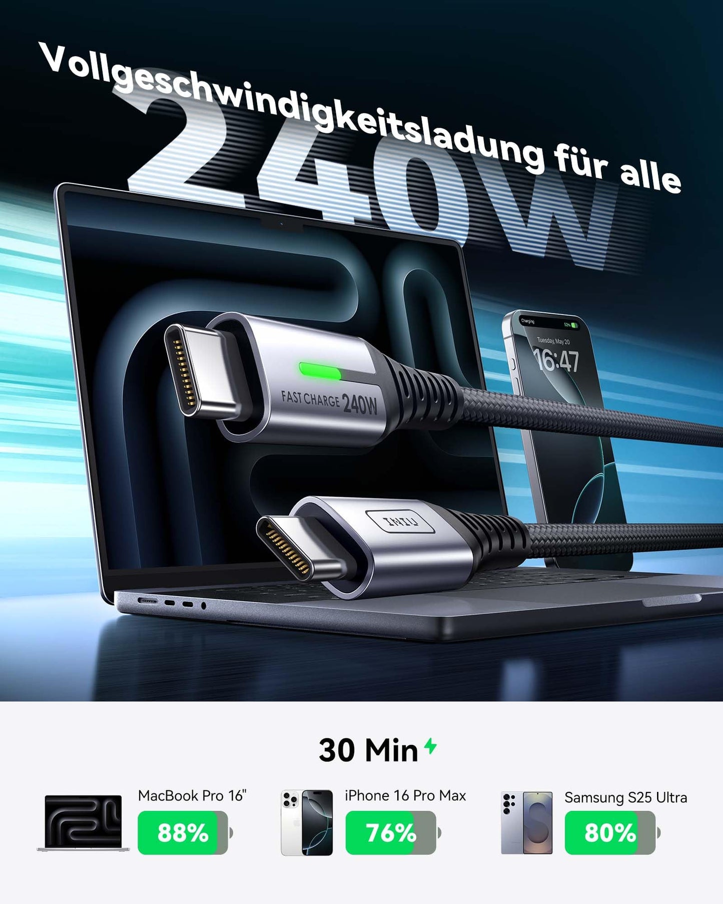 INIU 240W USB C Kabel, [2Pack 2m] PD Schnellladekabel USB C auf USB C, Nylon Geflochten Ladekabel USBC Ladegerät für iPhone 17 16 15 Pro Max Samsung Galaxy S25 S24 Ultra Pixel 9 iPad Pro MacBook Air