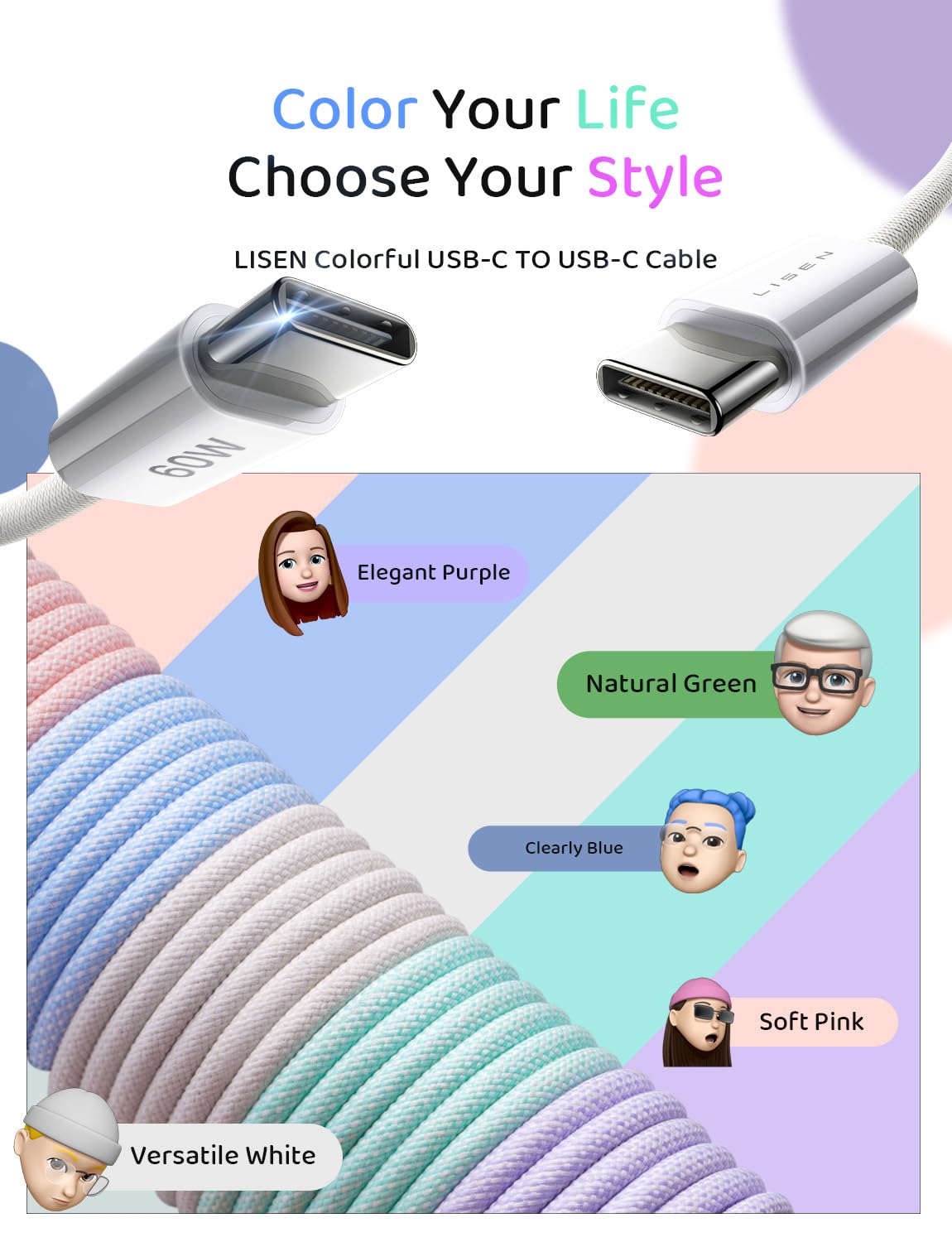 LISEN 60W USB C Kabel, [4er Pack, 0,5M 1M 1M 2M] USB C auf USB C Kabel Set, PD 3.0 Schnellladekabel USB C für iPhone 17 Pro Max Zubehör,iPhone 16 15,Switch,Samsung Galaxy S25,Pixel,MacBook,iPad,Xiaomi
