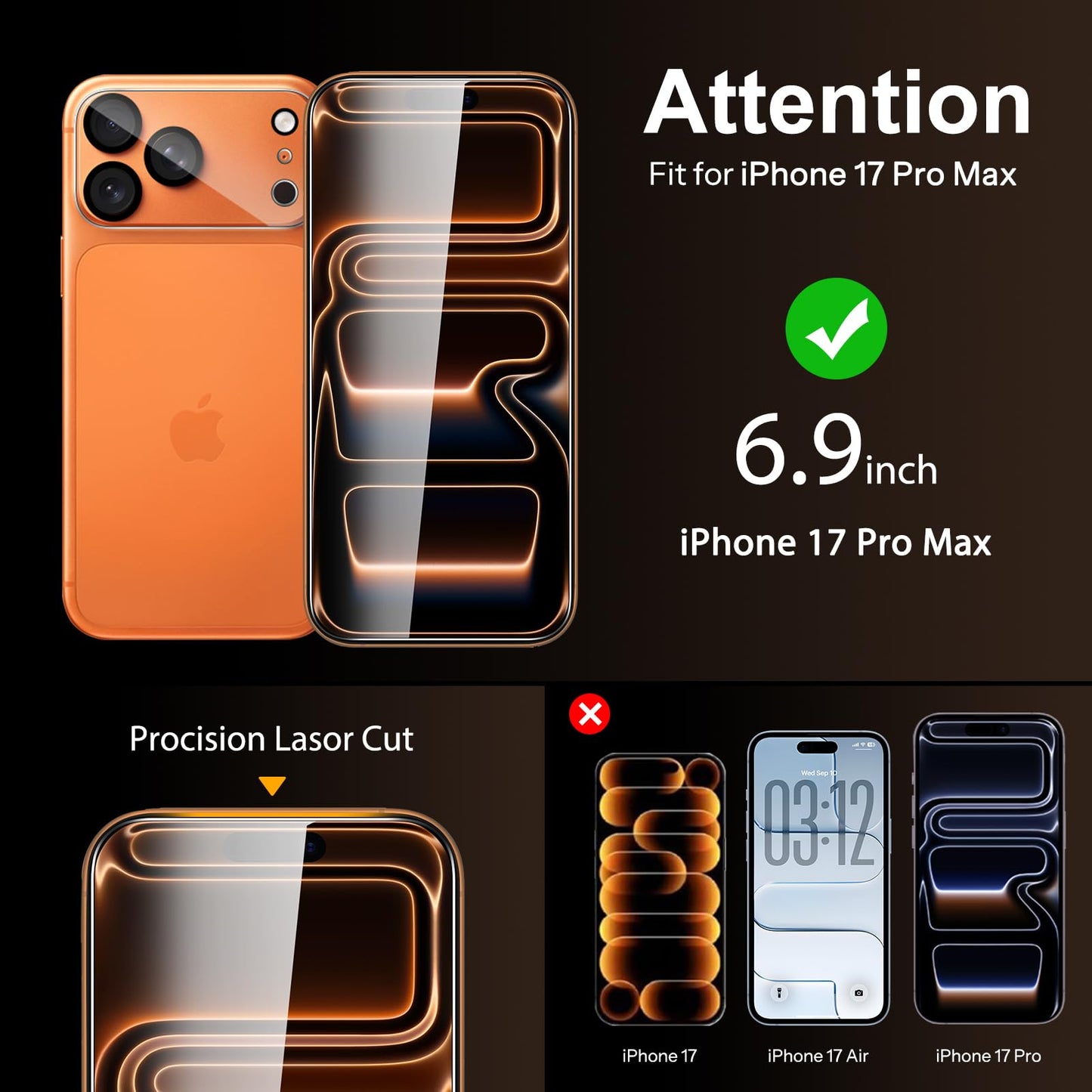 SPARIN für iPhone 17 Pro 6.3 Zoll 2025 Panzer Schutz Glas, 3 Stück Schutzfolie und 3 Stück Kameraschutz mit Montage Rahmen, 9H Härte, Anti-Bläschen,HD-Klar