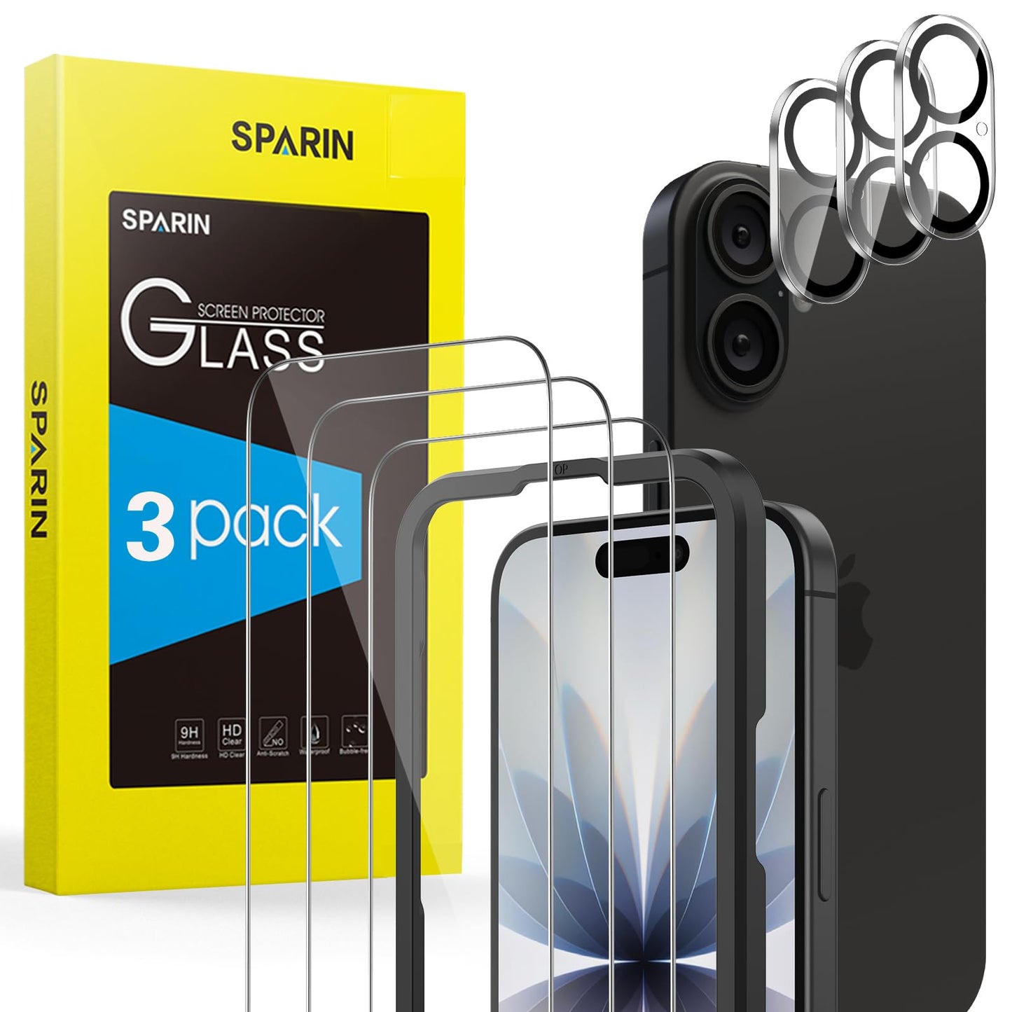 SPARIN für iPhone 17 Pro 6.3 Zoll 2025 Panzer Schutz Glas, 3 Stück Schutzfolie und 3 Stück Kameraschutz mit Montage Rahmen, 9H Härte, Anti-Bläschen,HD-Klar