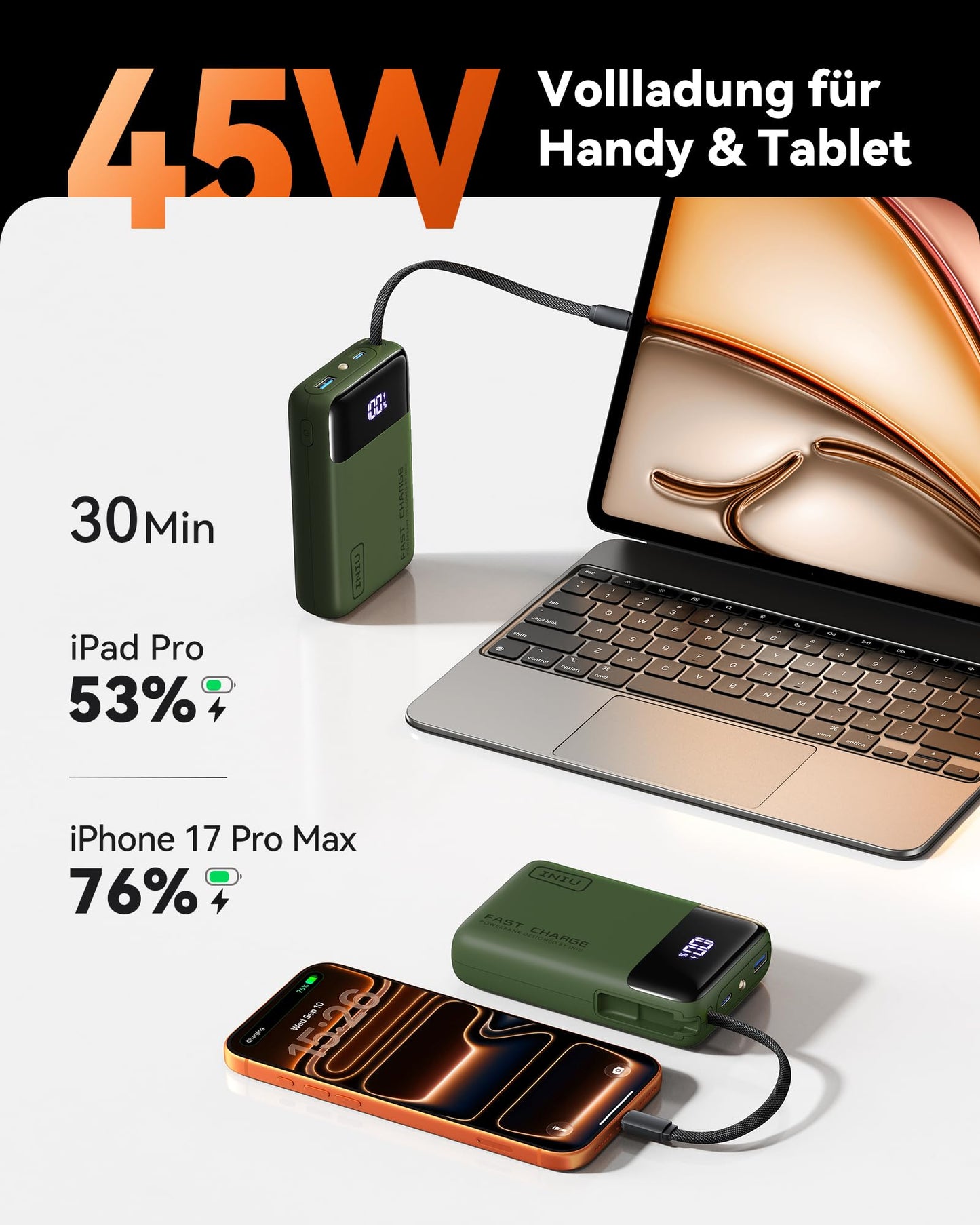 INIU 45W Power Bank, Ultra Klein 20000mAh Powerbank iPhone mit Integriertem USB-C Kabel, Schnellladen Externe Handyakkus Mini, Klein Aber Stark für iPhone 17 16 15 Pro, Samsung S22, Xiaomi, iPad etc