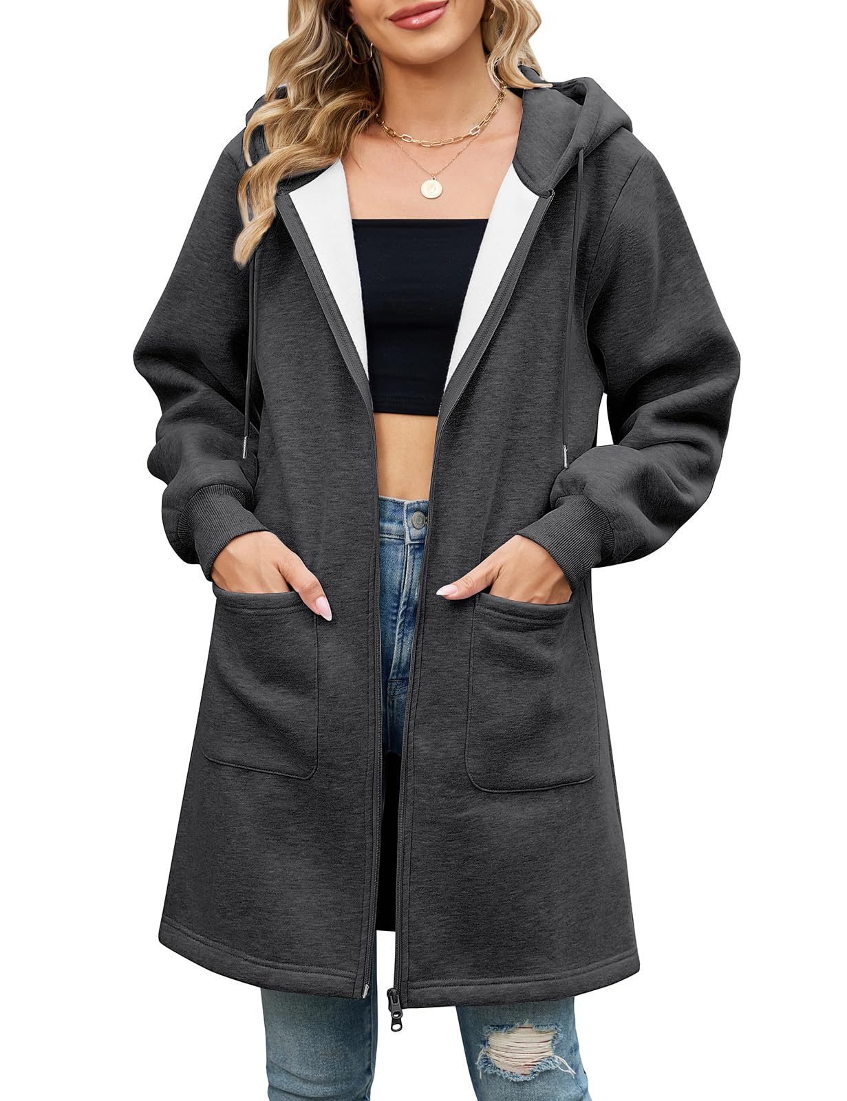 Vancavoo Fleecejacke Damen Sweatjacke mit Kapuze Lange Kapuzenpullover Reißverschluss Hoodie Jacke Frühling Herbst Lang Kapuzenjacke Elegant Übergangsjacke mit Taschen