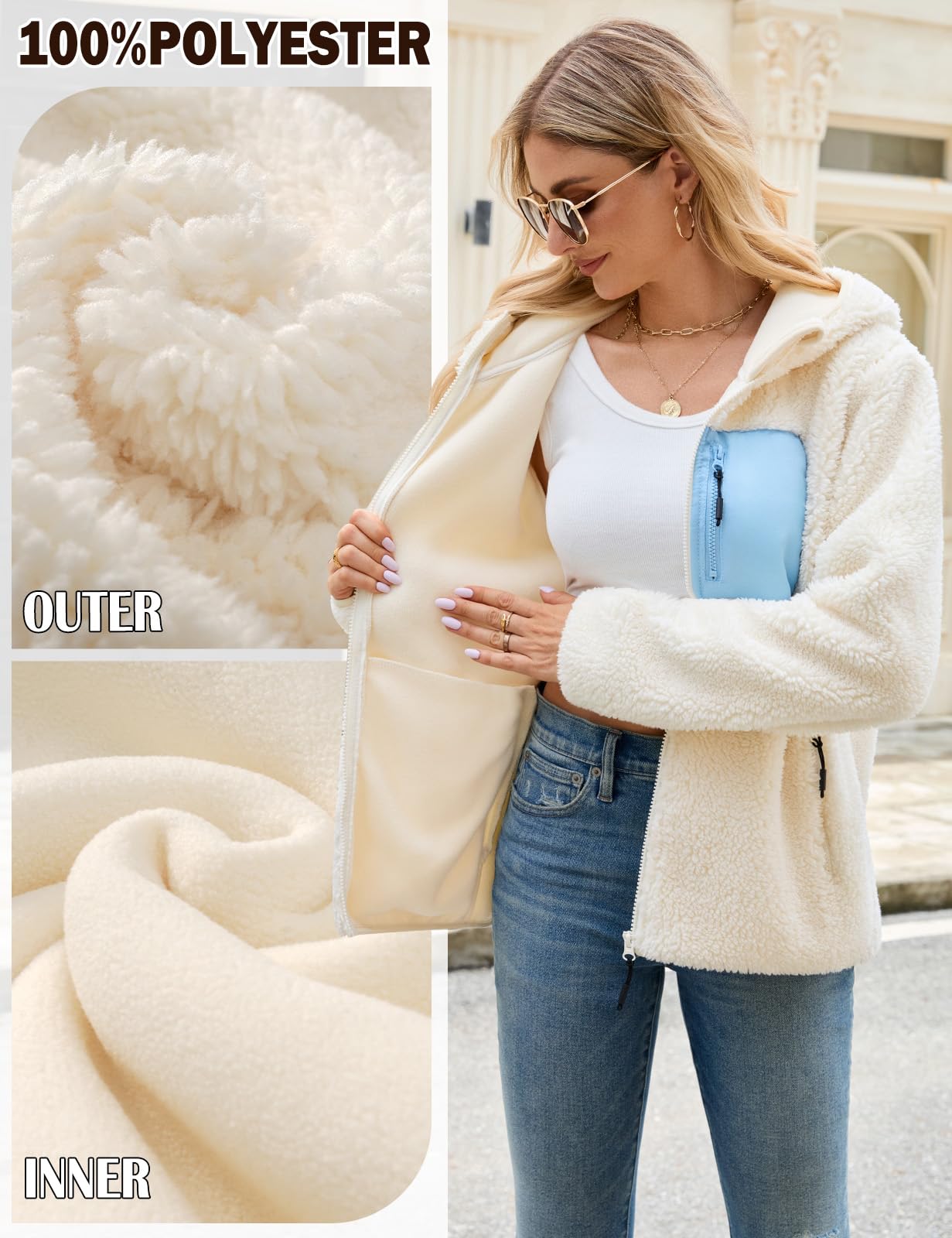 Tuopuda Teddyfell Jacke Damen Herbstjacke Fleecejacke Warme Fleecemantel Damen Kapuzenpullover Zipper Hoodie Plüschjacke mit Taschen