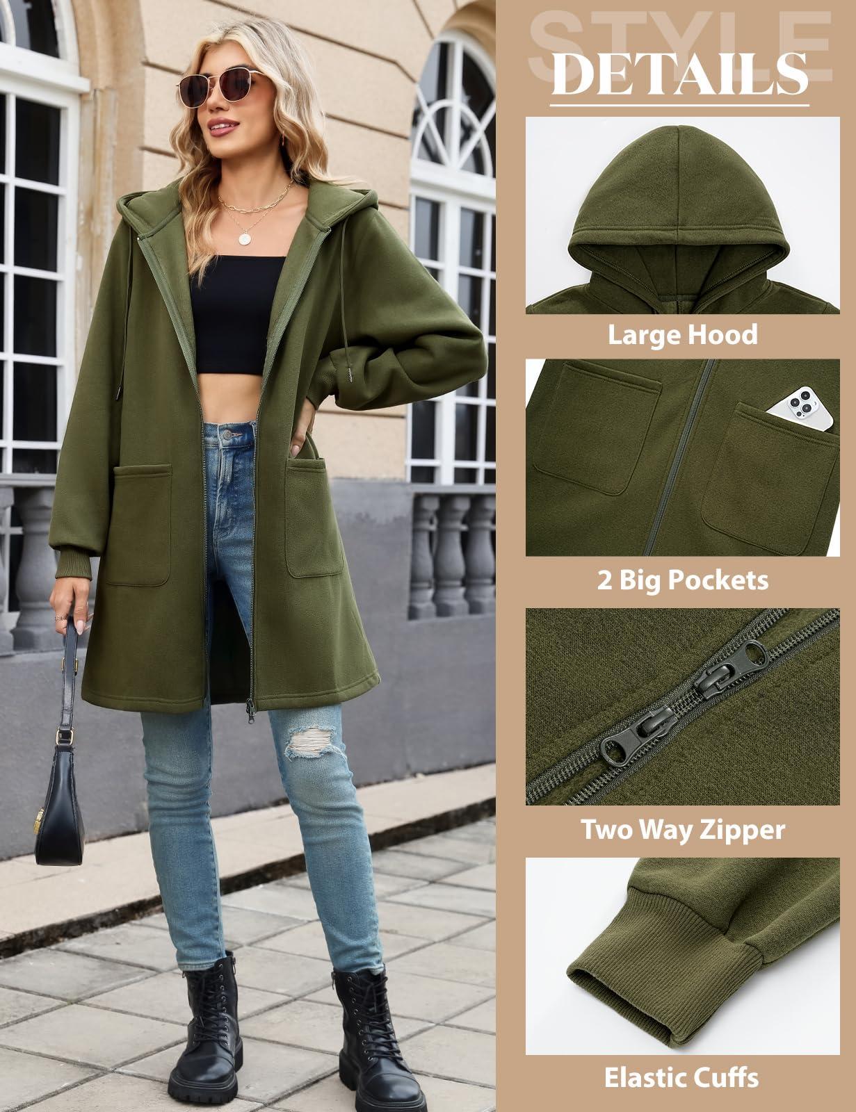 Vancavoo Fleecejacke Damen Sweatjacke mit Kapuze Lange Kapuzenpullover Reißverschluss Hoodie Jacke Frühling Herbst Lang Kapuzenjacke Elegant Übergangsjacke mit Taschen