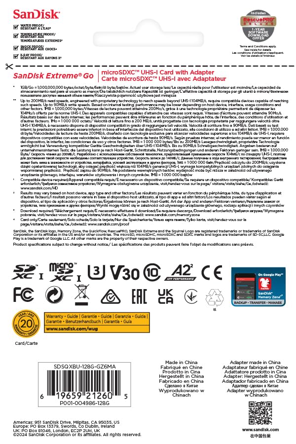 SanDisk Extreme microSDXC UHS-I Speicherkarte 128 GB + Adapter (Für Smartphones, Actionkameras und Drohnen, A2, C10, V30, U3, 190 MB/s Übertragung, RescuePRO Deluxe)