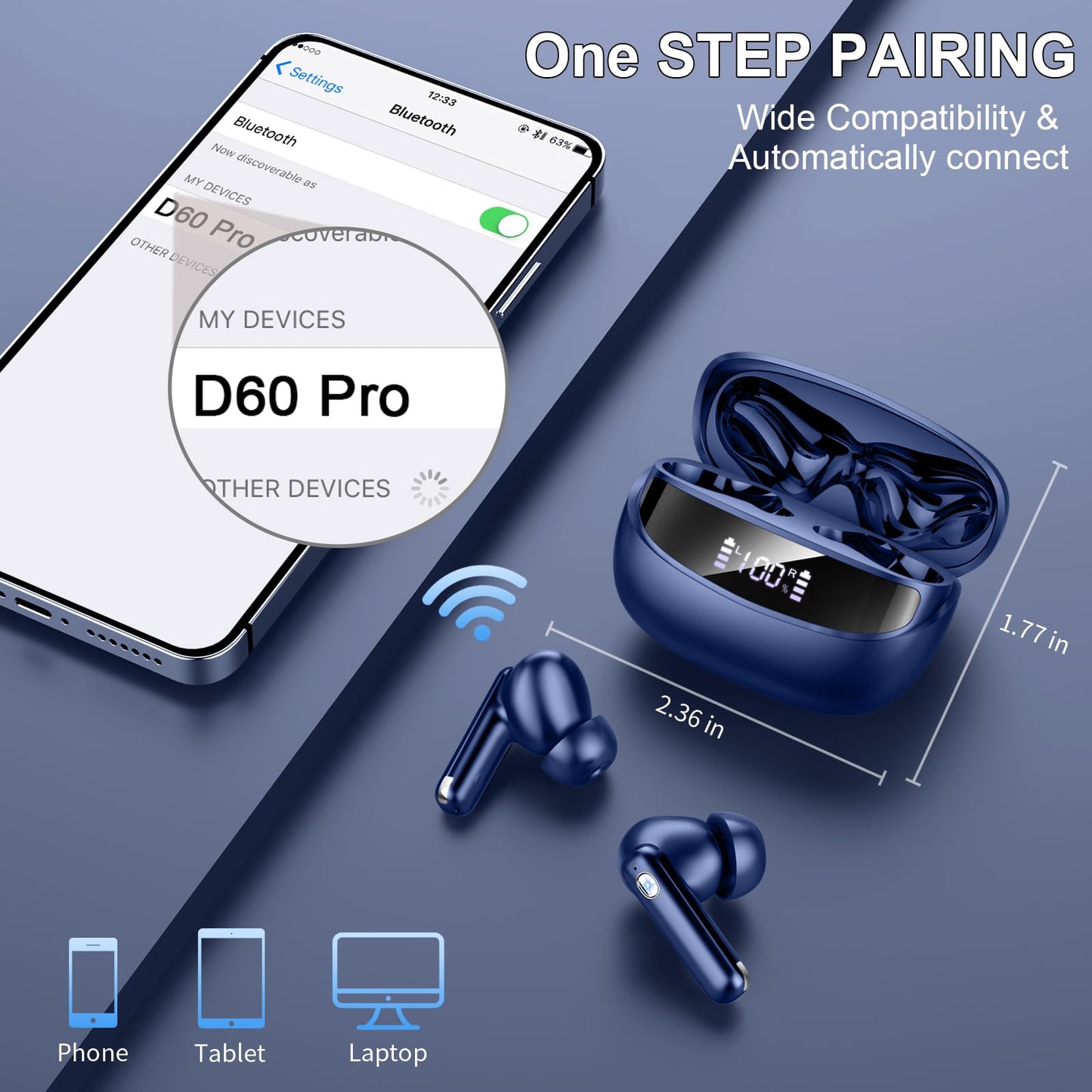 Bluetooth Kopfhörer, 2026 Kopfhörer Kabellos Bluetooth 5.4, 50 Std Spielzeit In Ear Kopfhörer HiFi Stereo mit 4 ENC Noise Cancelling Mics, IP7 Wasserdicht Kabellose Kopfhörer, Ohrhörer mit LED-Anzeige