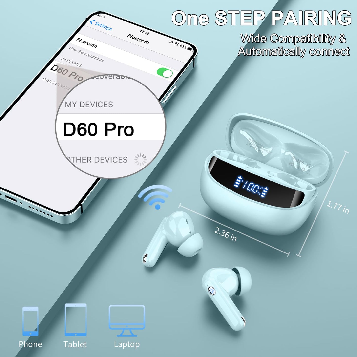 Bluetooth Kopfhörer, 2026 Kopfhörer Kabellos Bluetooth 5.4, 50 Std Spielzeit In Ear Kopfhörer HiFi Stereo mit 4 ENC Noise Cancelling Mics, IP7 Wasserdicht Kabellose Kopfhörer, Ohrhörer mit LED-Anzeige