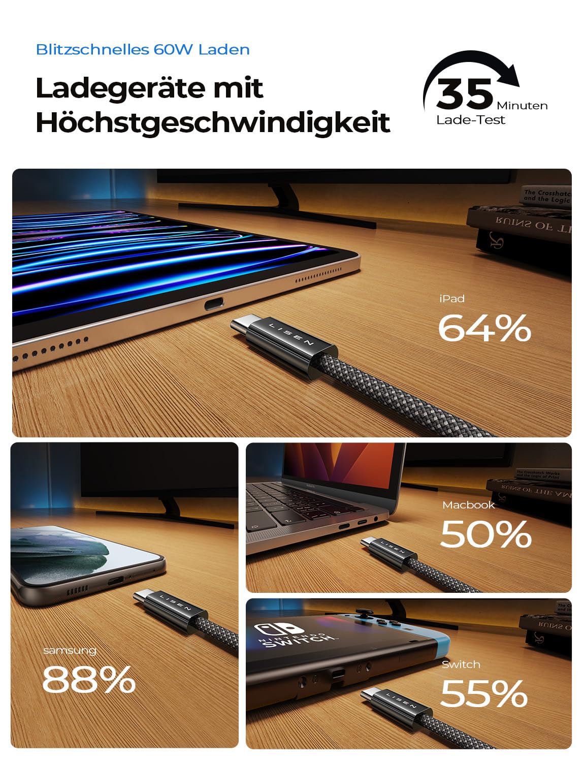 LISEN 60W USB C Kabel, [4er Pack, 0,5M 1M 1M 2M] USB C auf USB C Kabel Set, PD 3.0 Schnellladekabel USB C für iPhone 17 Pro Max Zubehör,iPhone 16 15,Switch,Samsung Galaxy S25,Pixel,MacBook,iPad,Xiaomi