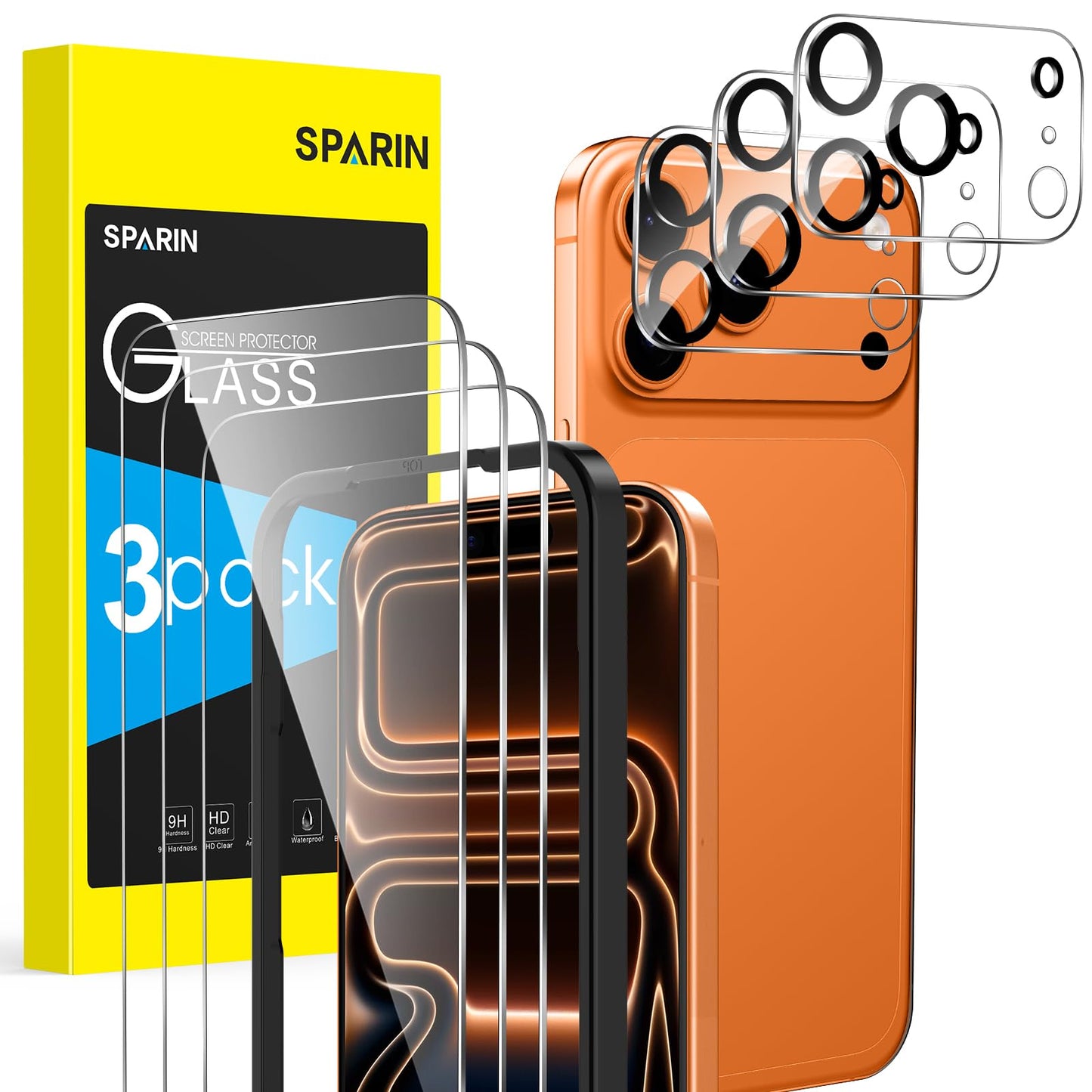 SPARIN für iPhone 17 Pro 6.3 Zoll 2025 Panzer Schutz Glas, 3 Stück Schutzfolie und 3 Stück Kameraschutz mit Montage Rahmen, 9H Härte, Anti-Bläschen,HD-Klar