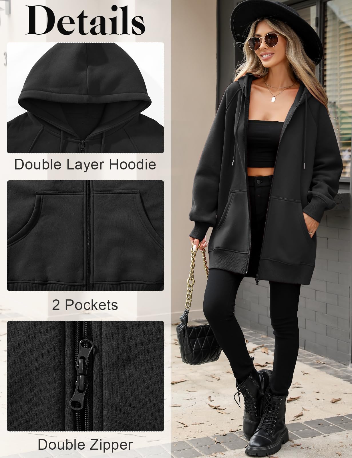 CMTOP Kapuzenpullover Damen Lang Dünne Fleece Hoodie Classics Freizeit Sweatshirt Basic Casual Sweatjacke Einfarbig Kapuzenjacke Streetwear Hoody mit Kapuze Reißverschluss Taschen
