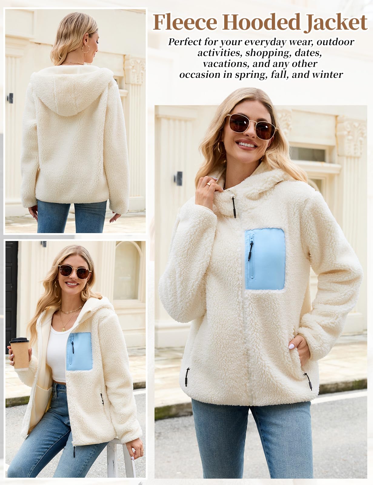 Tuopuda Teddyfell Jacke Damen Herbstjacke Fleecejacke Warme Fleecemantel Damen Kapuzenpullover Zipper Hoodie Plüschjacke mit Taschen