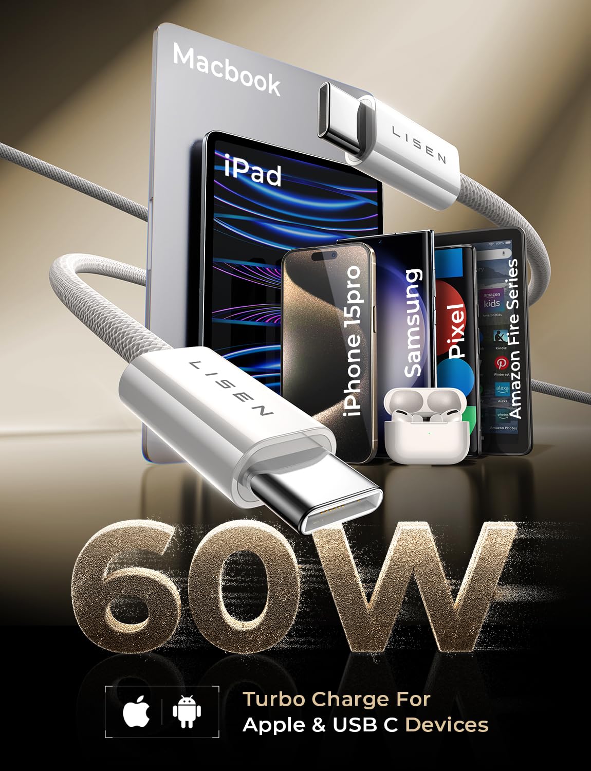 LISEN 60W USB C Kabel, [4er Pack, 0,5M 1M 1M 2M] USB C auf USB C Kabel Set, PD 3.0 Schnellladekabel USB C für iPhone 17 Pro Max Zubehör,iPhone 16 15,Switch,Samsung Galaxy S25,Pixel,MacBook,iPad,Xiaomi