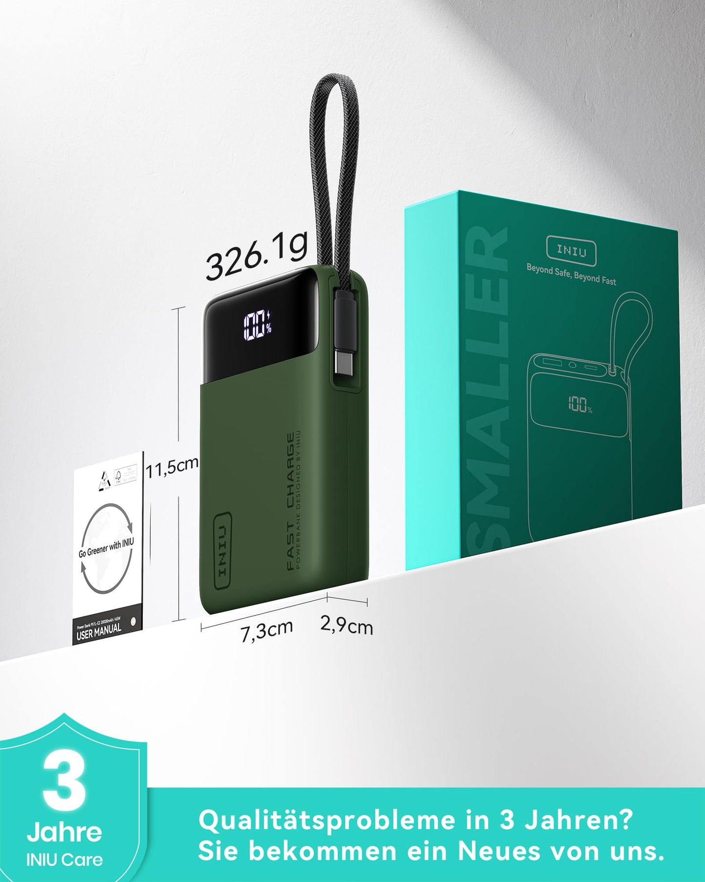 INIU 45W Power Bank, Ultra Klein 20000mAh Powerbank iPhone mit Integriertem USB-C Kabel, Schnellladen Externe Handyakkus Mini, Klein Aber Stark für iPhone 17 16 15 Pro, Samsung S22, Xiaomi, iPad etc