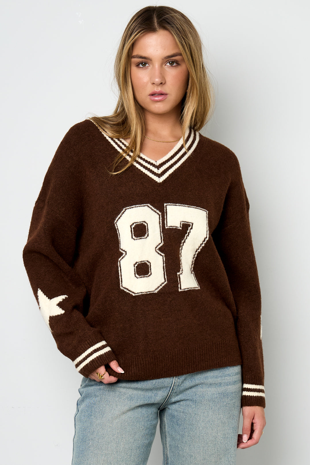 Knitted Polyester Fiber Women's V-Neck Sweater Casual Color Clash