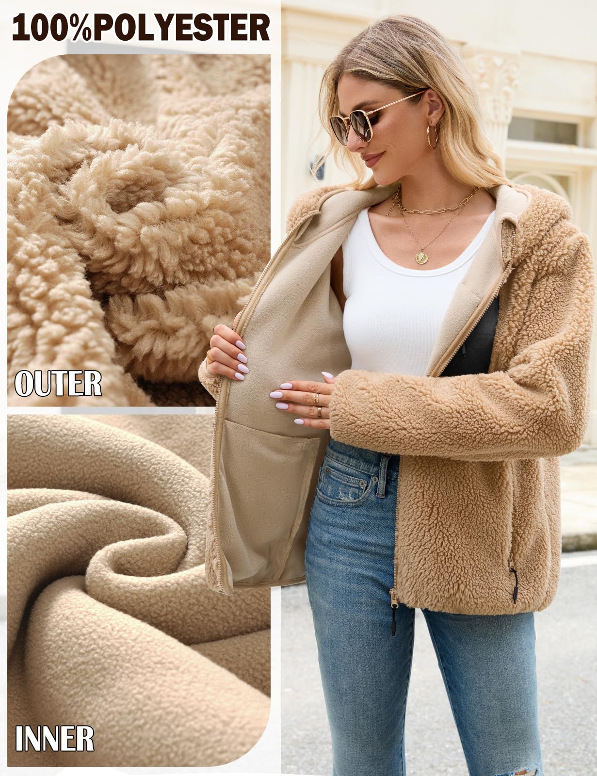Tuopuda Teddyfell Jacke Damen Herbstjacke Fleecejacke Warme Fleecemantel Damen Kapuzenpullover Zipper Hoodie Plüschjacke mit Taschen