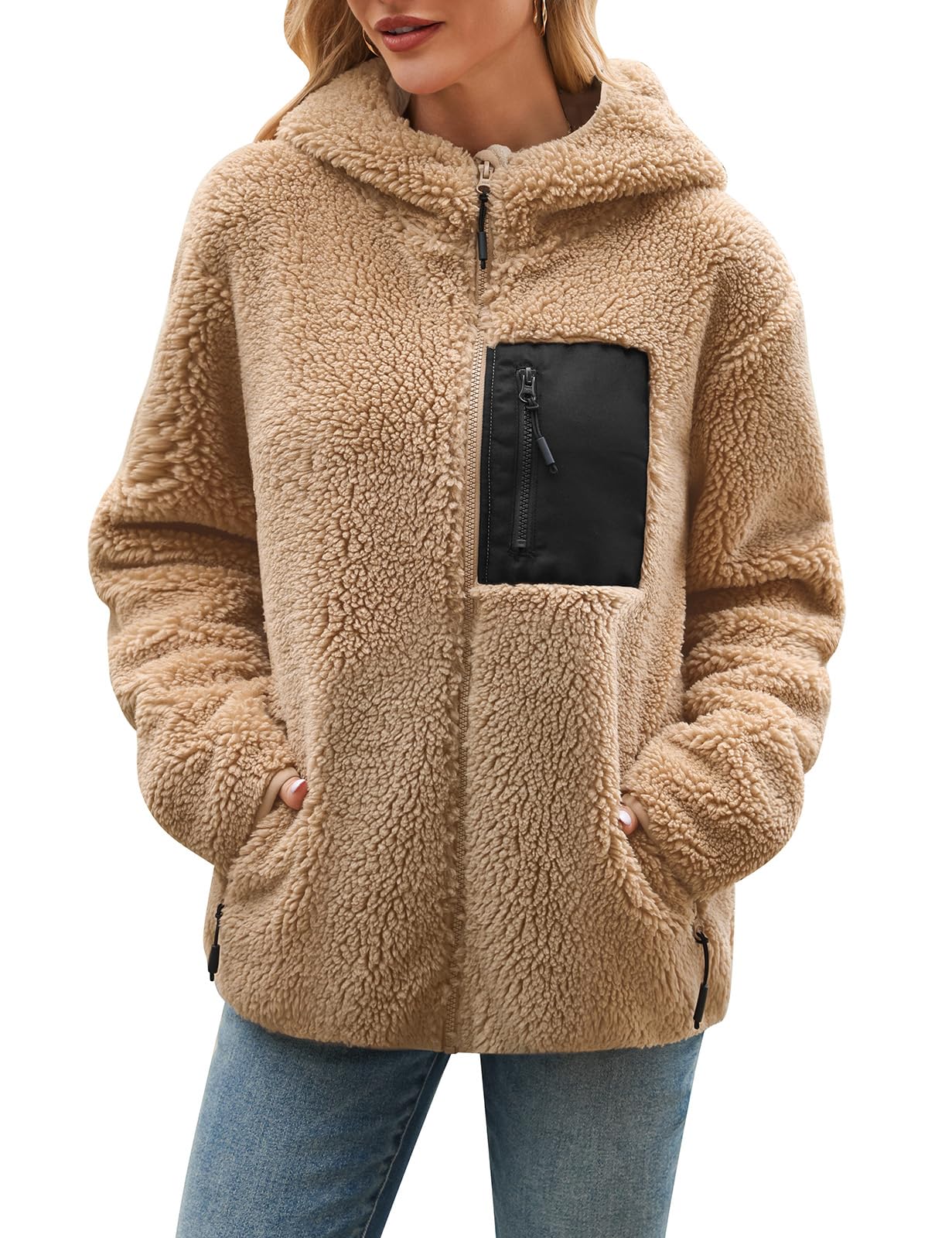 Fleece Jacket Women's Winter Teddy Jacket with Hood Teddy Fleece Hoodie Warm Autumn Jacket Winter Jacket Sherpa Women's Jackets Zip Hoodie Coat Outdoor Plush Jacket with Pockets
