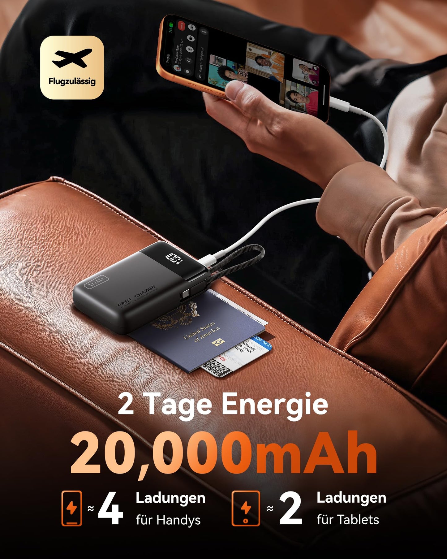 INIU 45W Power Bank, Ultra Klein 20000mAh Powerbank iPhone mit Integriertem USB-C Kabel, Schnellladen Externe Handyakkus Mini, Klein Aber Stark für iPhone 17 16 15 Pro, Samsung S22, Xiaomi, iPad etc