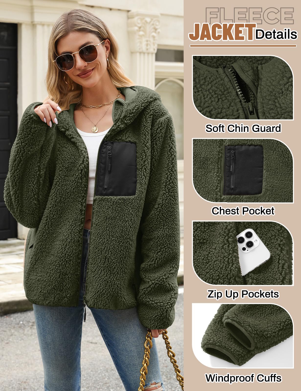 Tuopuda Teddyfell Jacke Damen Herbstjacke Fleecejacke Warme Fleecemantel Damen Kapuzenpullover Zipper Hoodie Plüschjacke mit Taschen