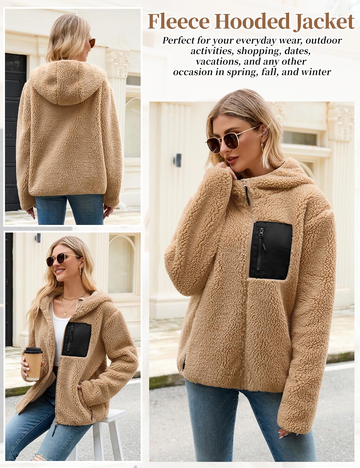 Fleece Jacket Women's Winter Teddy Jacket with Hood Teddy Fleece Hoodie Warm Autumn Jacket Winter Jacket Sherpa Women's Jackets Zip Hoodie Coat Outdoor Plush Jacket with Pockets
