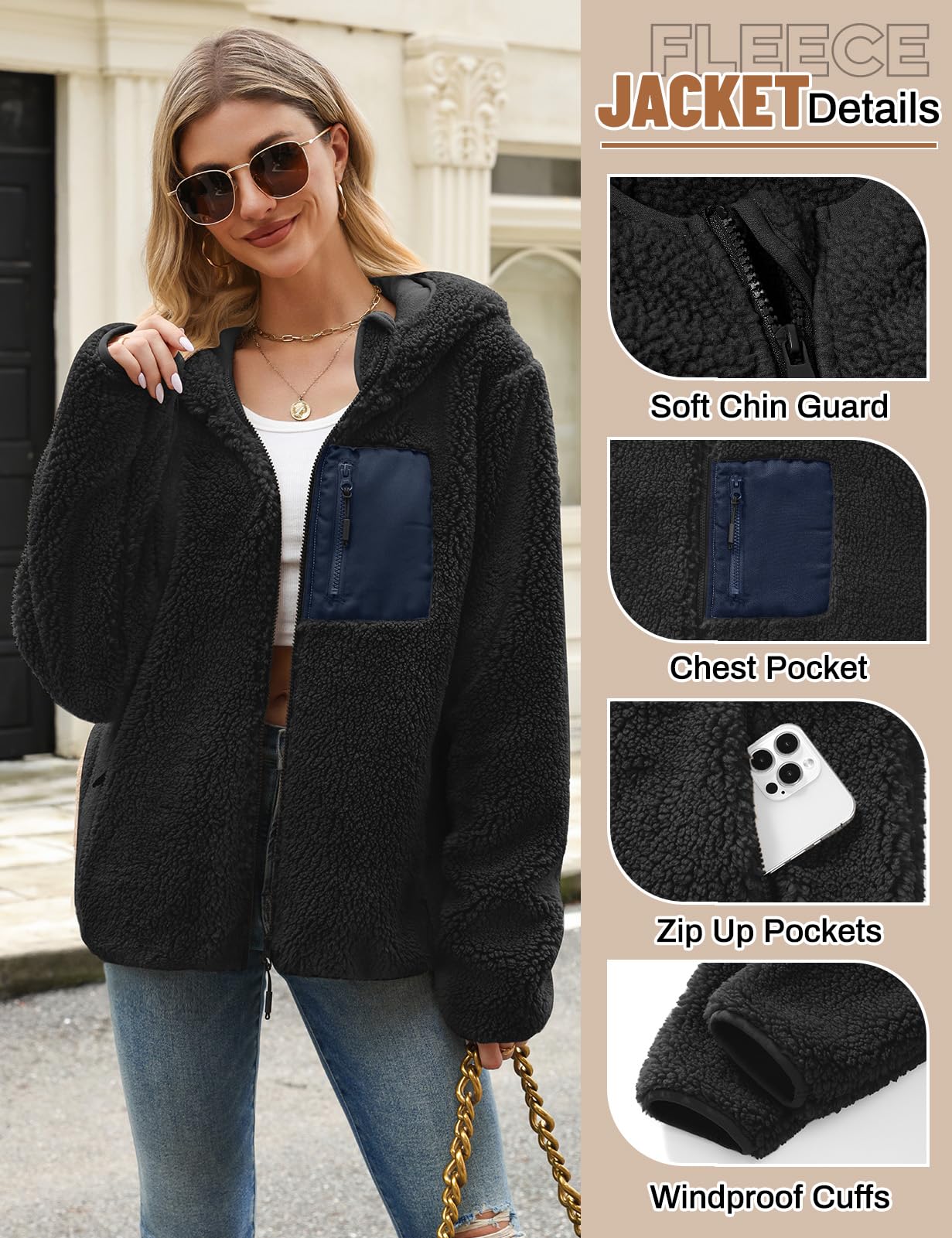 Fleece Jacket Women's Winter Teddy Jacket with Hood Teddy Fleece Hoodie Warm Autumn Jacket Winter Jacket Sherpa Women's Jackets Zip Hoodie Coat Outdoor Plush Jacket with Pockets