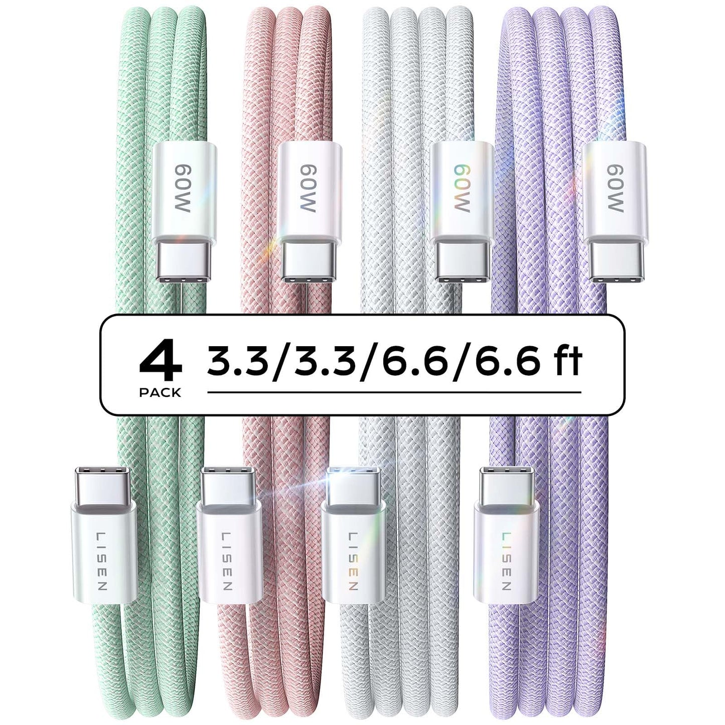 LISEN 60W USB C Kabel, [4er Pack, 0,5M 1M 1M 2M] USB C auf USB C Kabel Set, PD 3.0 Schnellladekabel USB C für iPhone 17 Pro Max Zubehör,iPhone 16 15,Switch,Samsung Galaxy S25,Pixel,MacBook,iPad,Xiaomi