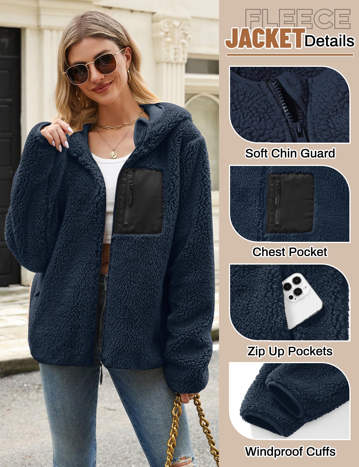Fleece Jacket Women's Winter Teddy Jacket with Hood Teddy Fleece Hoodie Warm Autumn Jacket Winter Jacket Sherpa Women's Jackets Zip Hoodie Coat Outdoor Plush Jacket with Pockets
