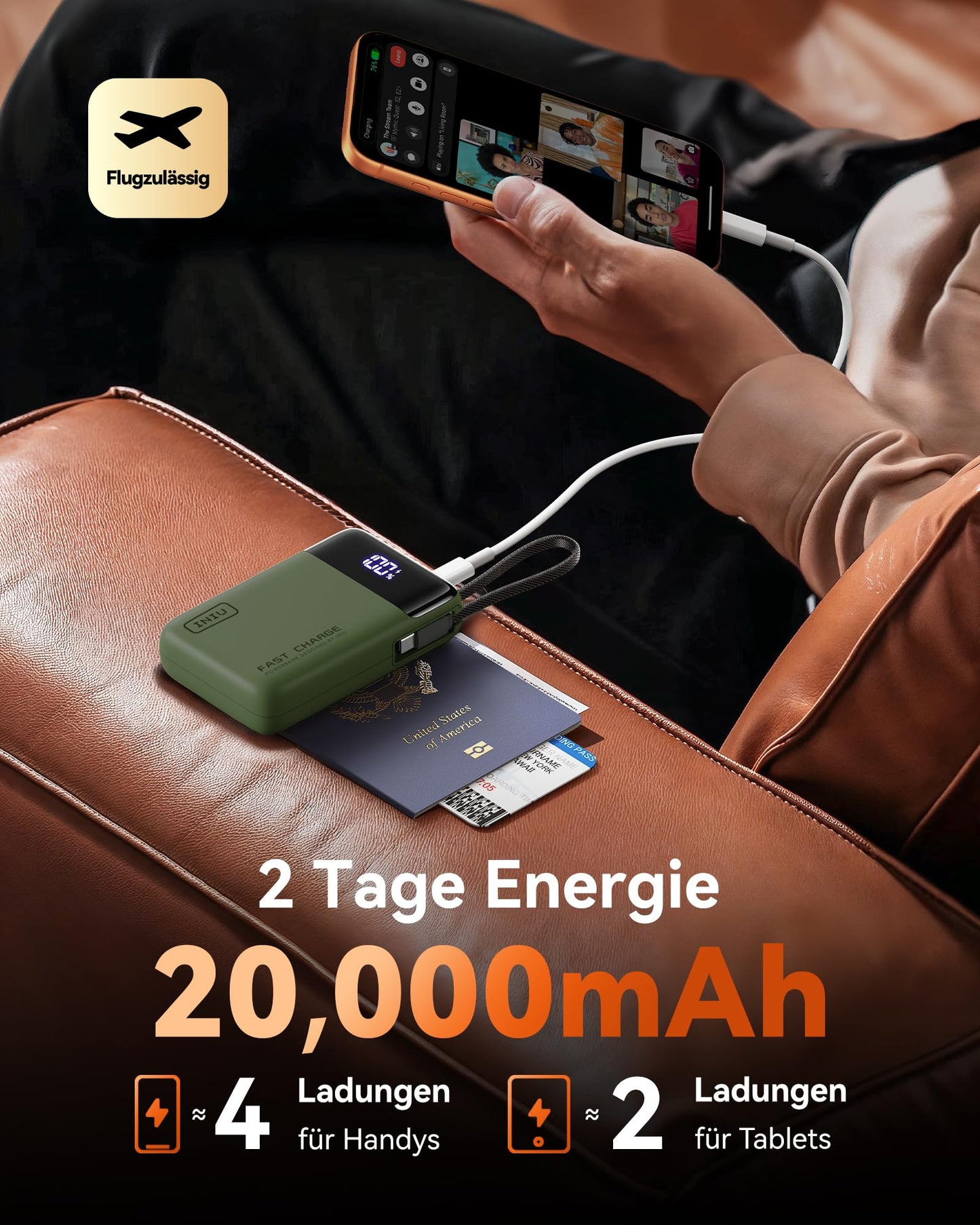INIU 45W Power Bank, Ultra Klein 20000mAh Powerbank iPhone mit Integriertem USB-C Kabel, Schnellladen Externe Handyakkus Mini, Klein Aber Stark für iPhone 17 16 15 Pro, Samsung S22, Xiaomi, iPad etc